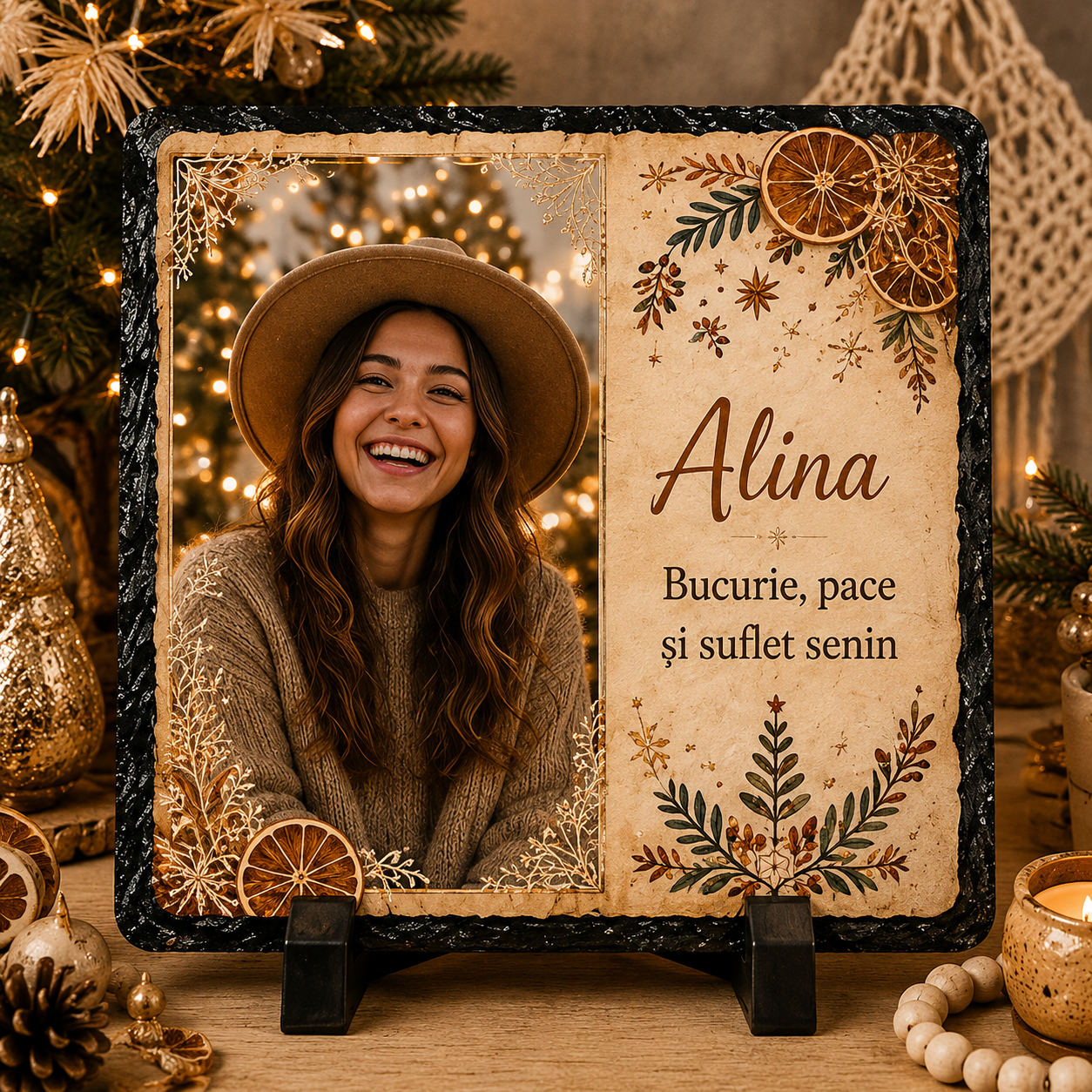 Piatră Ardezie Personalizată de Crăciun pentru Ea 20x20 cm cu Poză și Nume – „Bucurie, Pace și Suflet Senin”