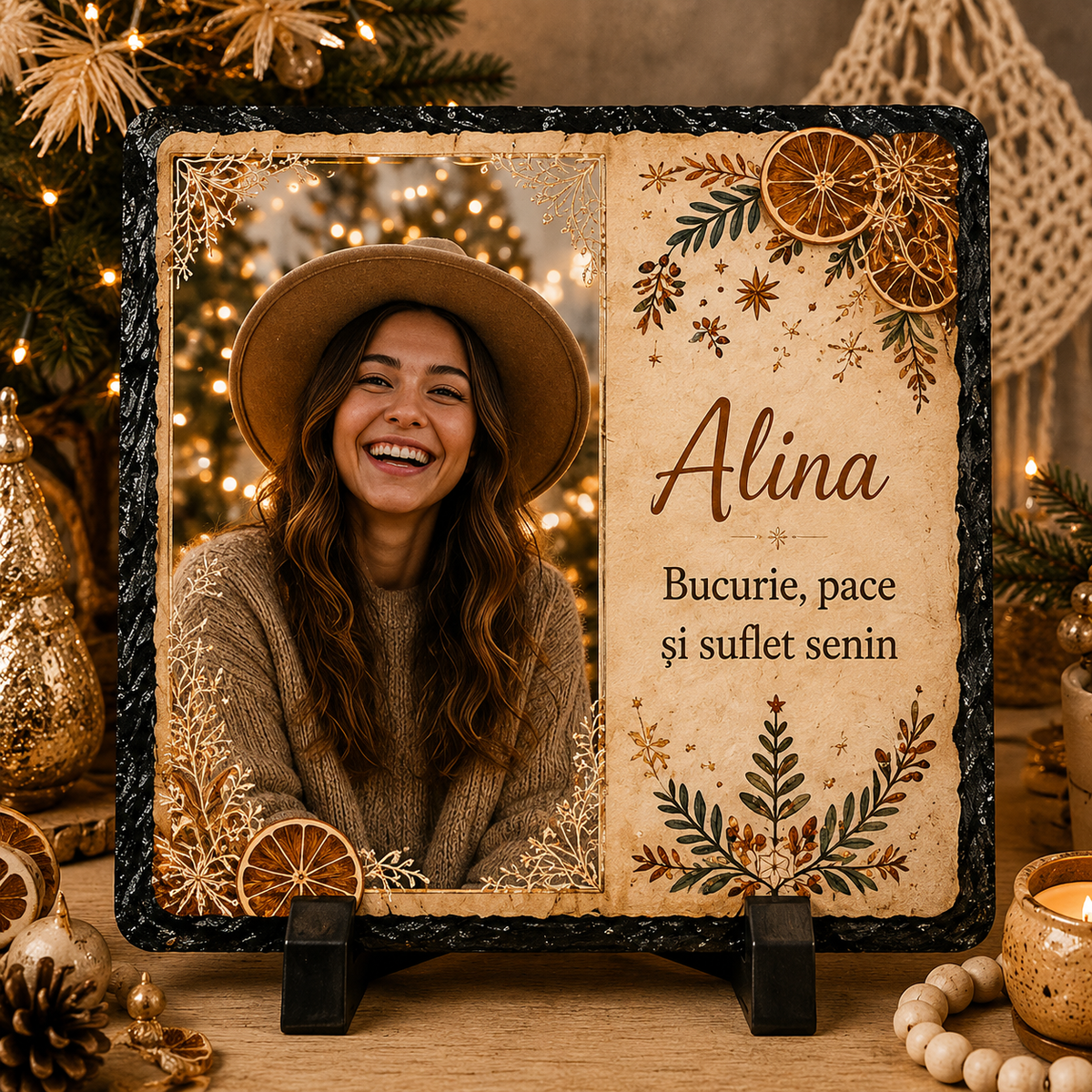 Piatră Ardezie Personalizată de Crăciun pentru Ea 20x20 cm cu Poză și Nume – „Bucurie, Pace și Suflet Senin”