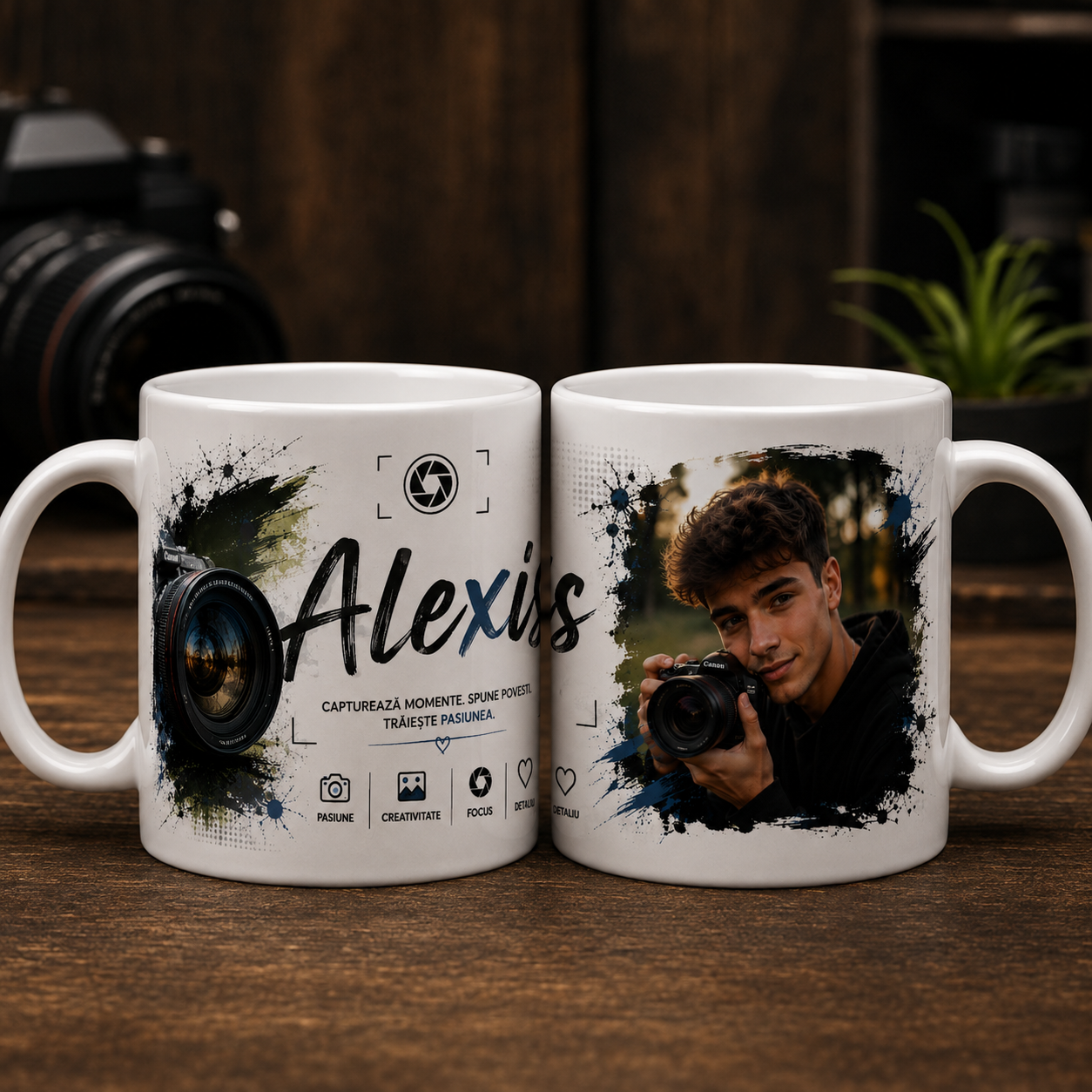 Cană personalizată pentru fotograf cu fotografie și nume – capturează momente, spune povești