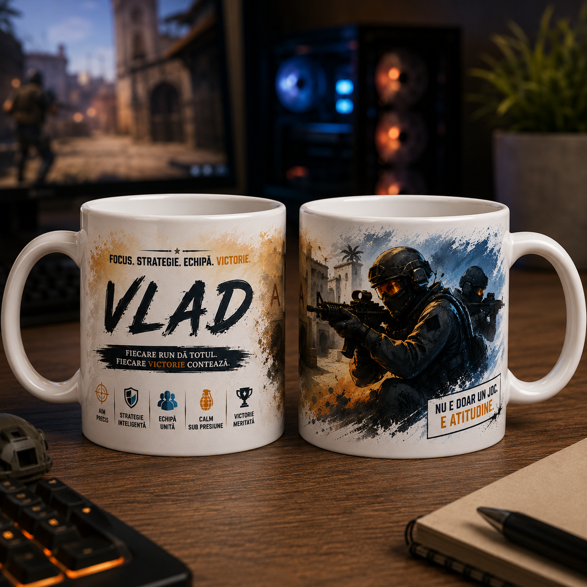 Cană personalizată gamer cu numele Vlad, 330 ml, design tactic cu echipă, strategie și mesaje despre victorie