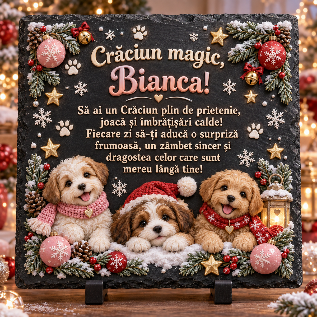 Placă de ardezie personalizată pentru fetițe 20 × 20 cm – „Crăciun magic” cu cățeluși