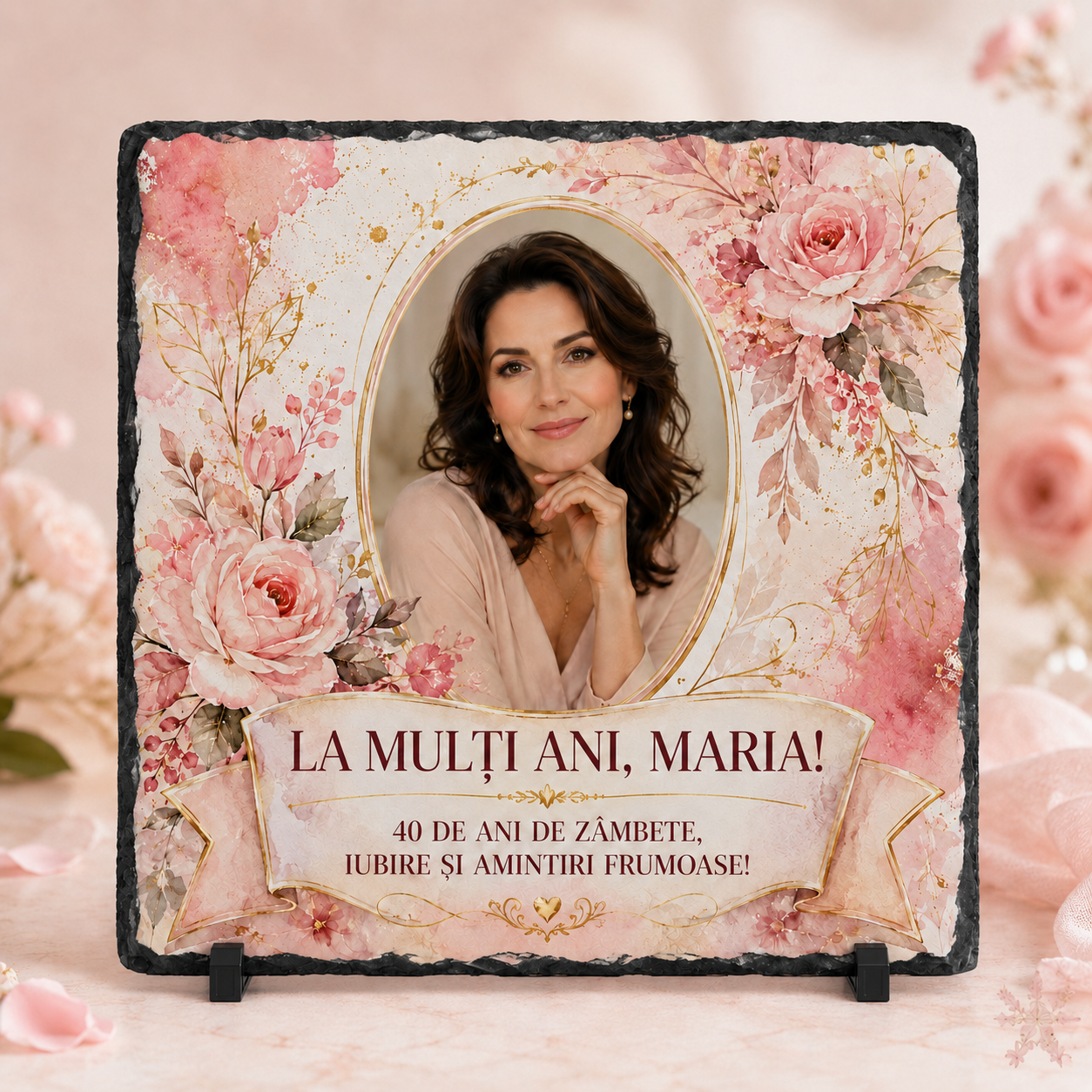 Placă de ardezie personalizată cu poză pentru aniversare – Cadou „La Mulți Ani” pentru femei