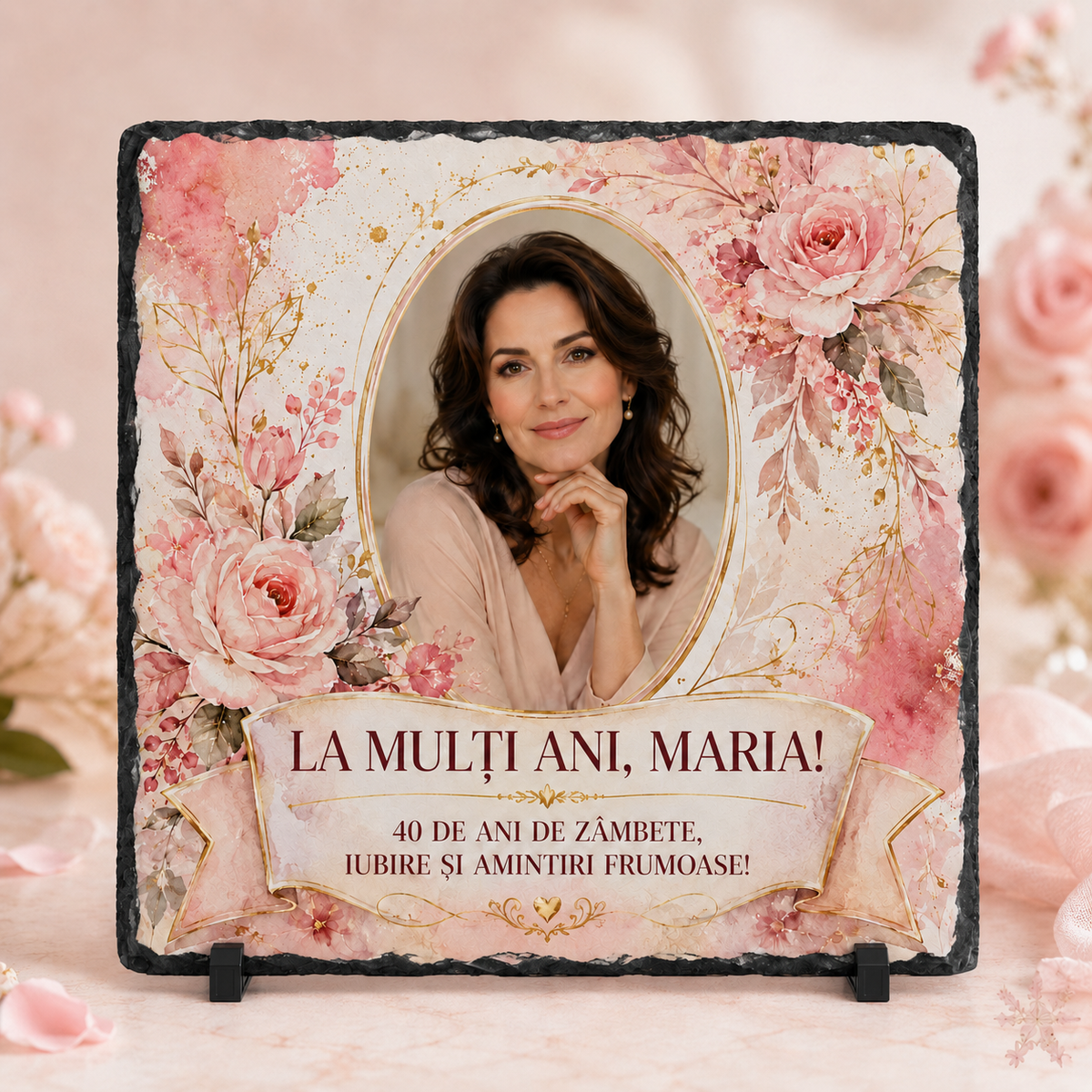Placă de ardezie personalizată cu poză pentru aniversare – Cadou „La Mulți Ani” pentru femei