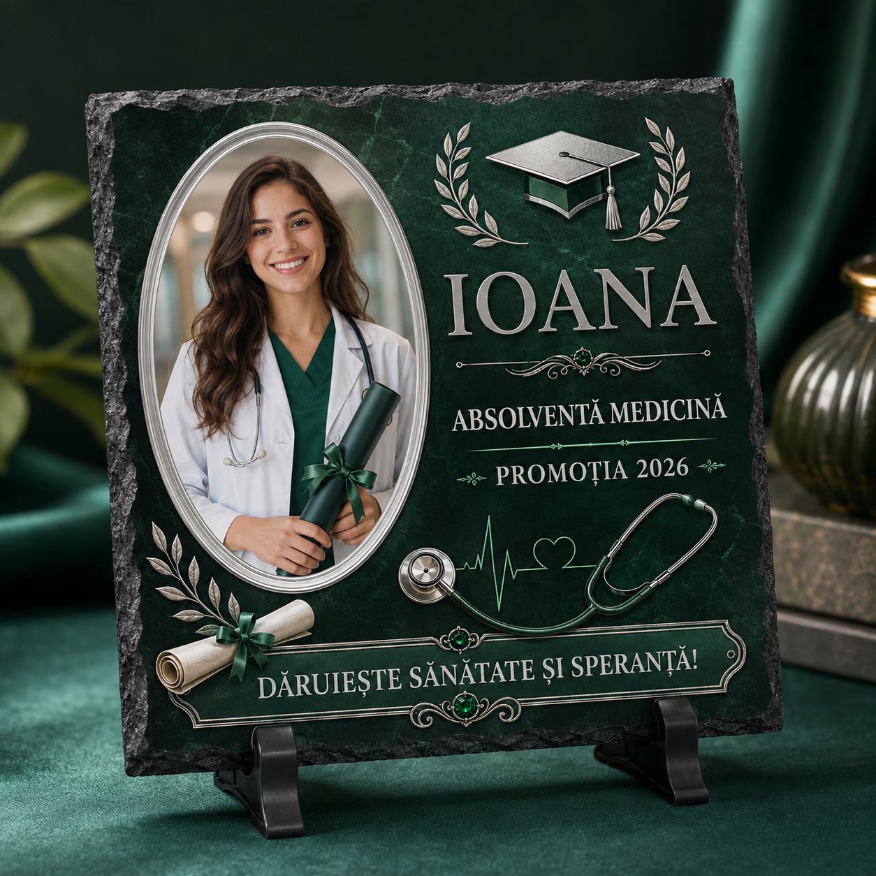 Placă de Ardezie Personalizată Absolvire Medicină 20×20 cm cu Poză și Nume – Cadou pentru Medic, Promoția 2026