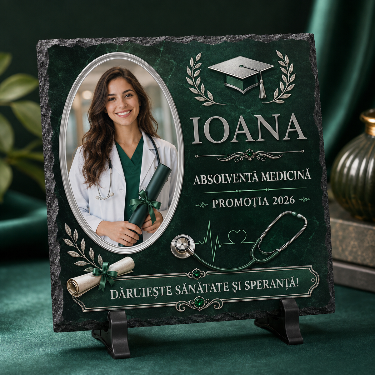 Placă de Ardezie Personalizată Absolvire Medicină 20×20 cm cu Poză și Nume – Cadou pentru Medic, Promoția 2026