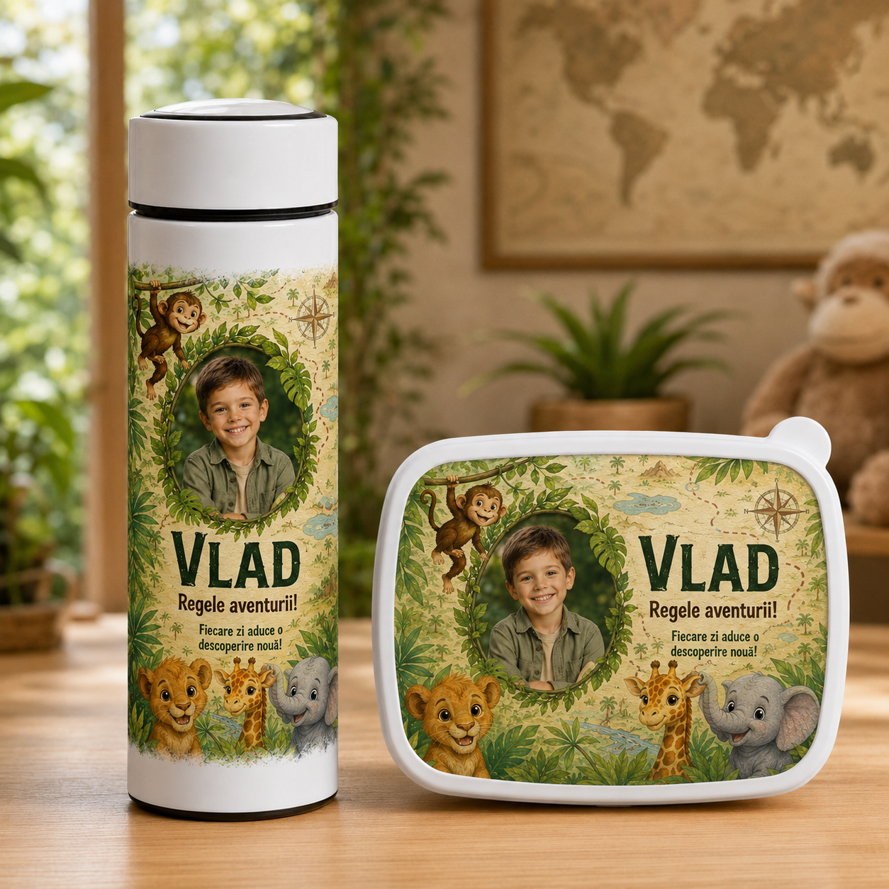 Set personalizat pentru copii – Lunchbox + Termos 500 ml cu infuzor | Design Safari cu poză și nume