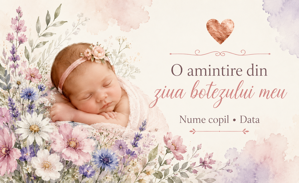 Mărturie de botez fetiță – Magnet de frigider personalizat 9 × 5,5 cm cu fotografie și flori pastel