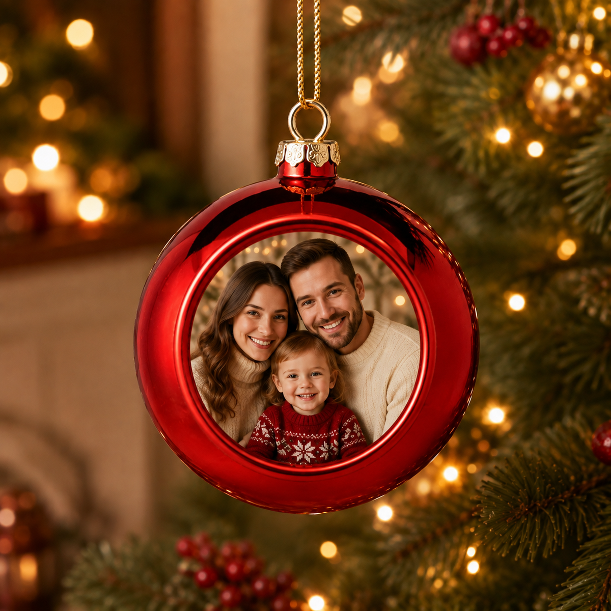 Glob de Crăciun personalizat cu fotografie – Ornament foto roșu pentru brad, Ø 8 cm