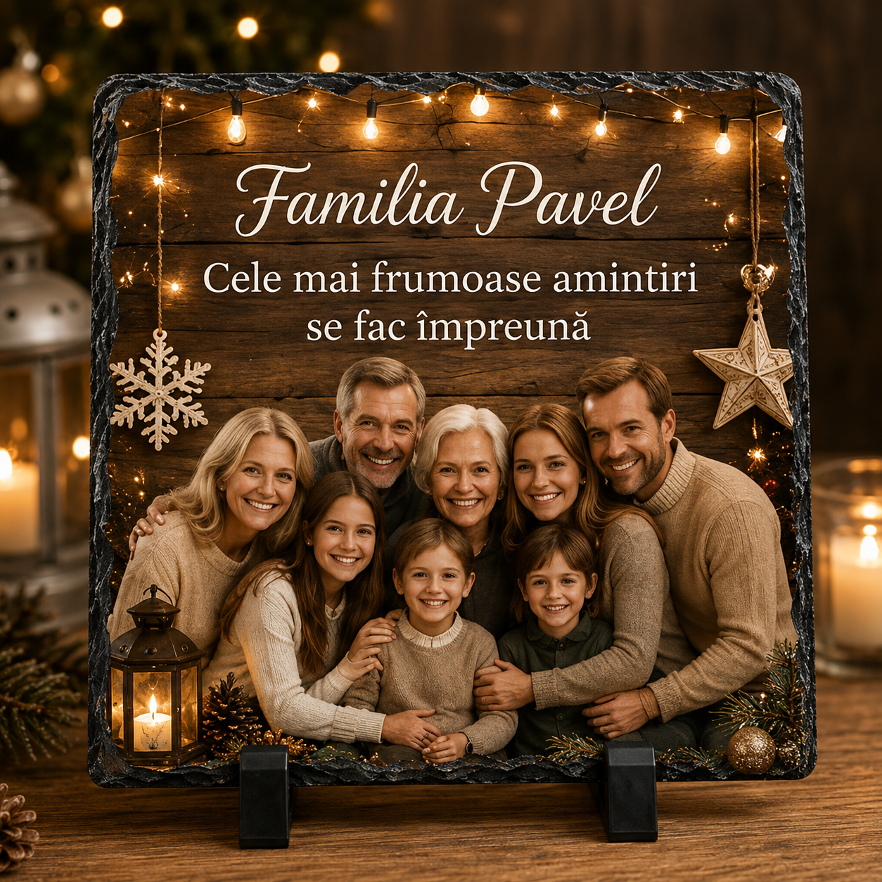 Piatră Ardezie Personalizată de Crăciun pentru Familie 20x20 cm cu Poză și Nume – „Cele Mai Frumoase Amintiri se Fac Împreună”