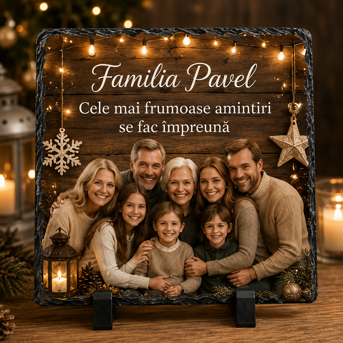 Piatră Ardezie Personalizată de Crăciun pentru Familie 20x20 cm cu Poză și Nume – „Cele Mai Frumoase Amintiri se Fac Împreună”