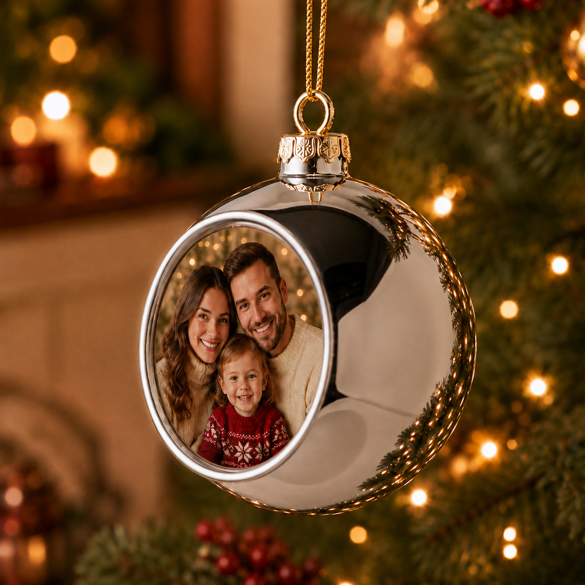 Glob de Crăciun argintiu personalizat cu fotografie de familie, diametru 8 cm
