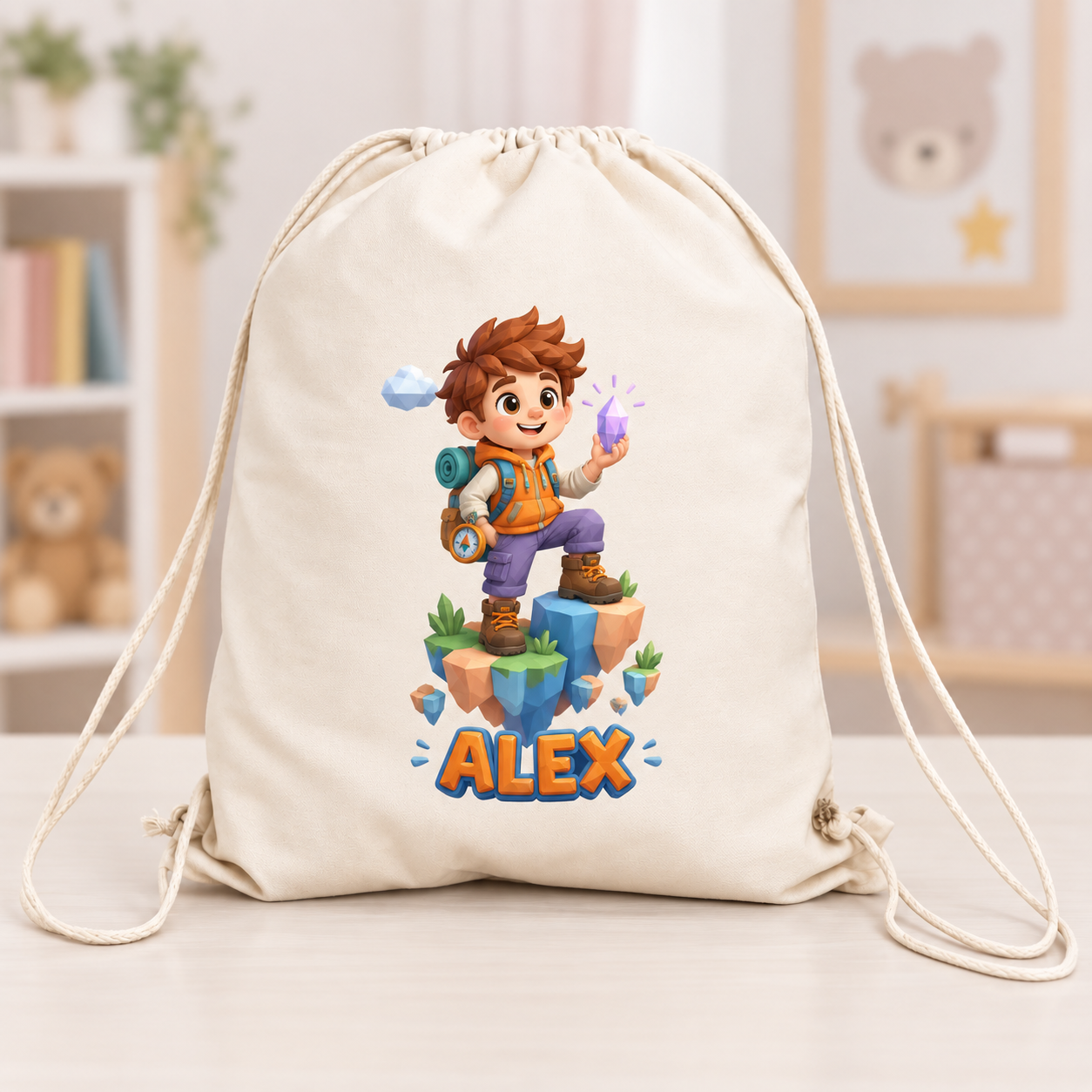 Săculeț personalizat pentru băieți cu nume – Mic explorator și aventurier, canvas 43x34 cm