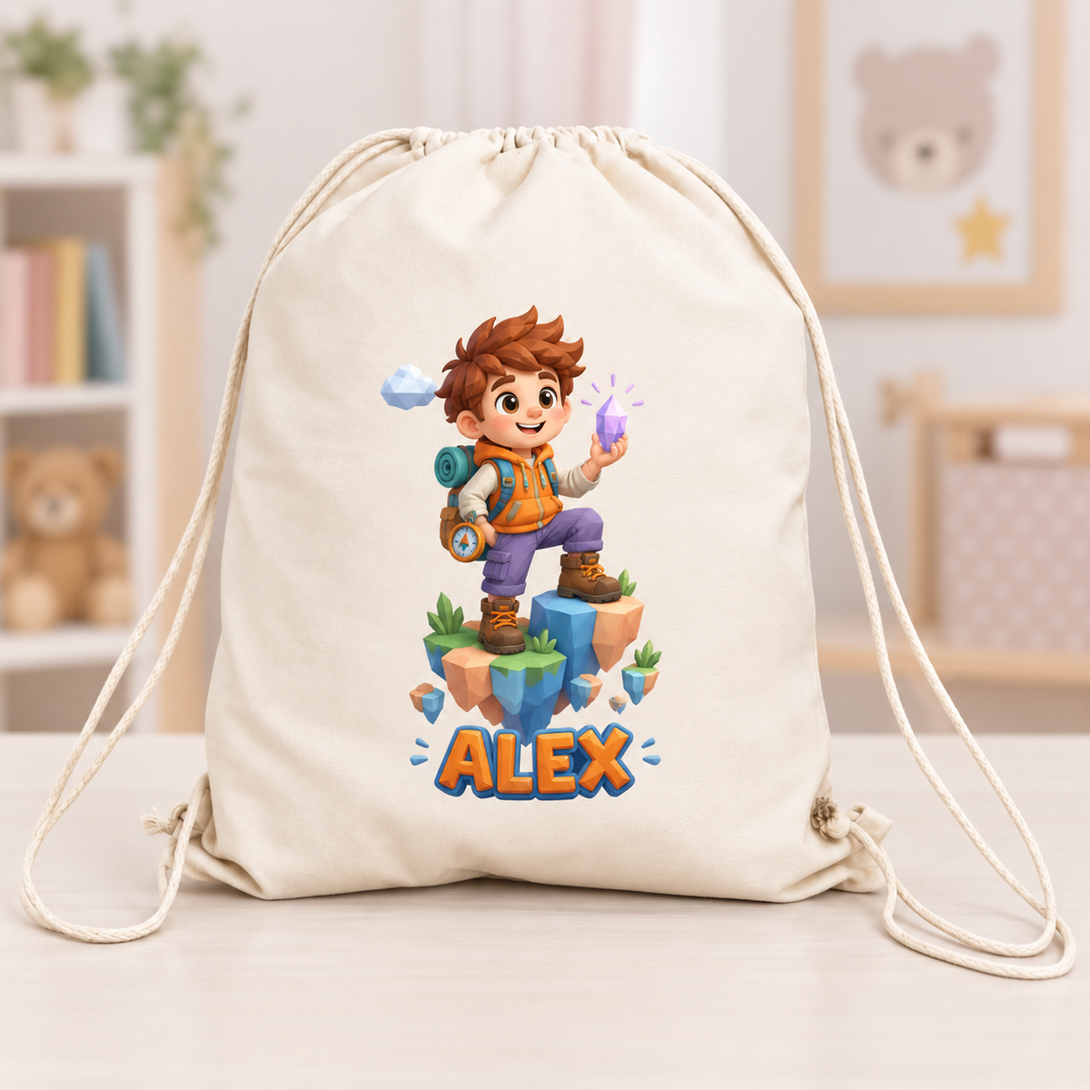 Săculeț personalizat pentru băieți cu nume – Mic explorator și aventurier, canvas 43x34 cm