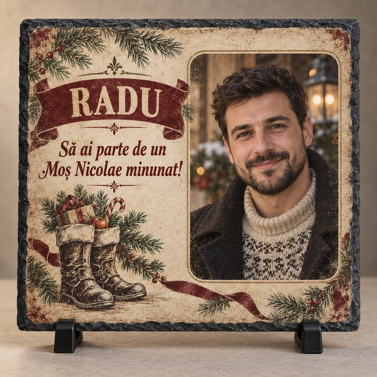 Placă Ardezie Personalizată 20×20 cm pentru Bărbați – Cadou de Moș Nicolae cu Poză și Nume