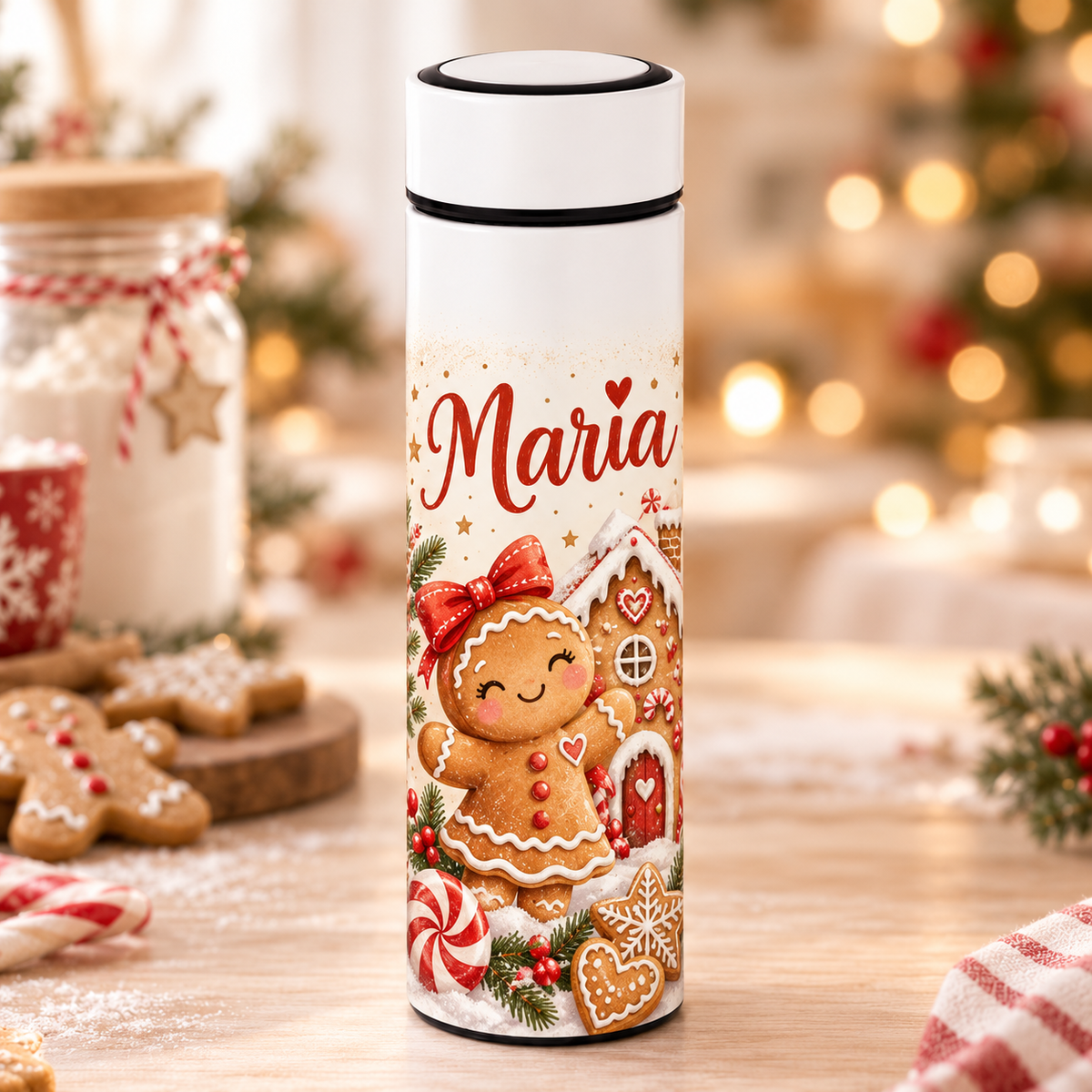 Termos Personalizat 500 ml cu Infuzor de Ceai și Nume – Turtă Dulce de Crăciun