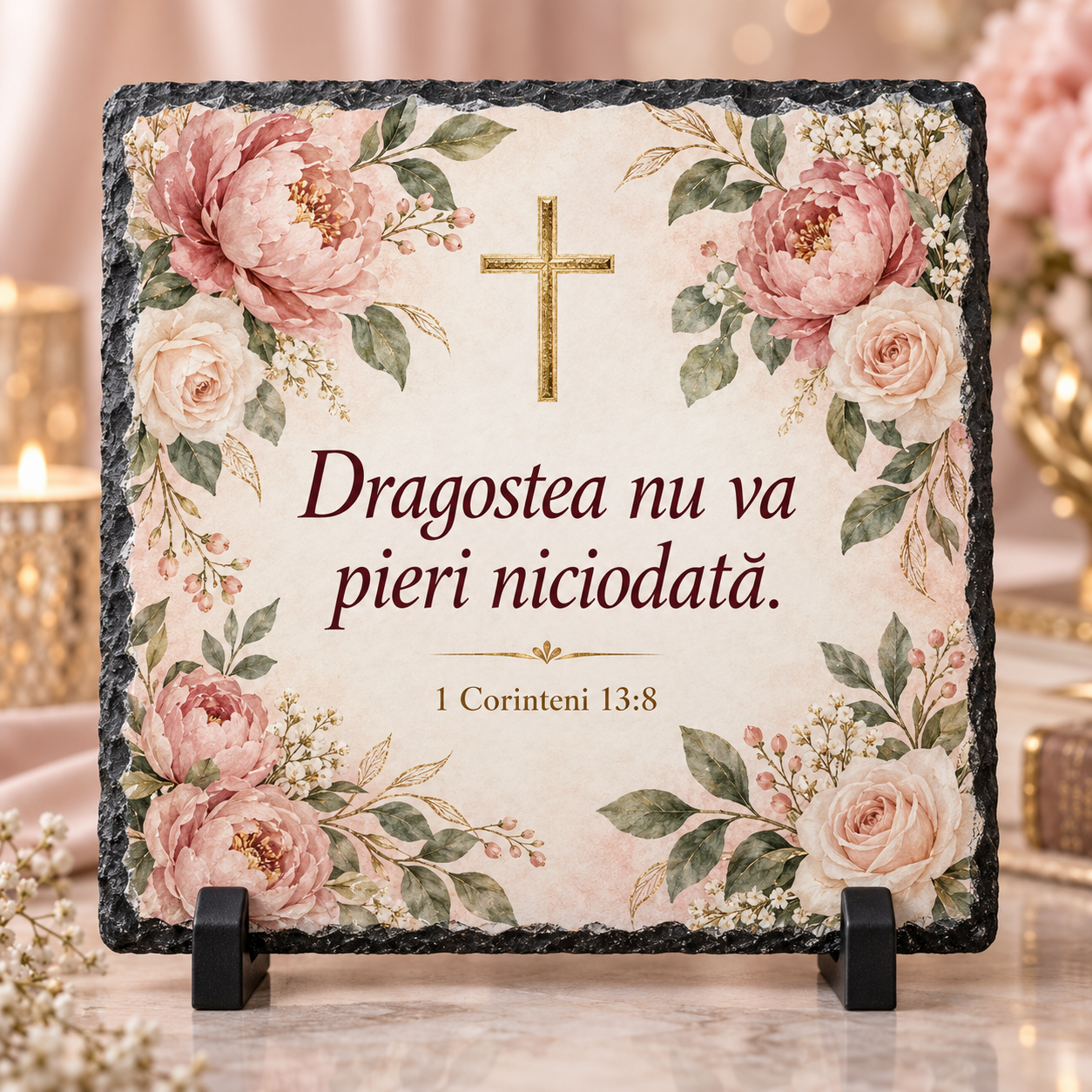 Placă Ardezie Personalizată 20x20 cm – „Dragostea nu va pieri niciodată” | Cadou Religios cu Flori