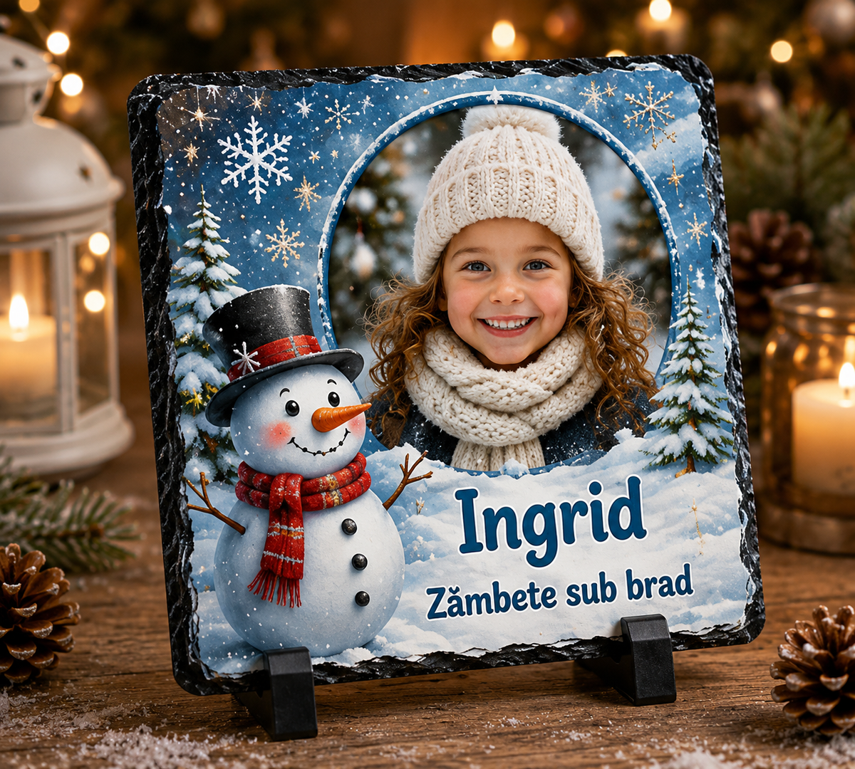 Piatră Ardezie Personalizată de Crăciun pentru Copii 20x20 cm cu Poză și Nume – „Zâmbete sub Brad”