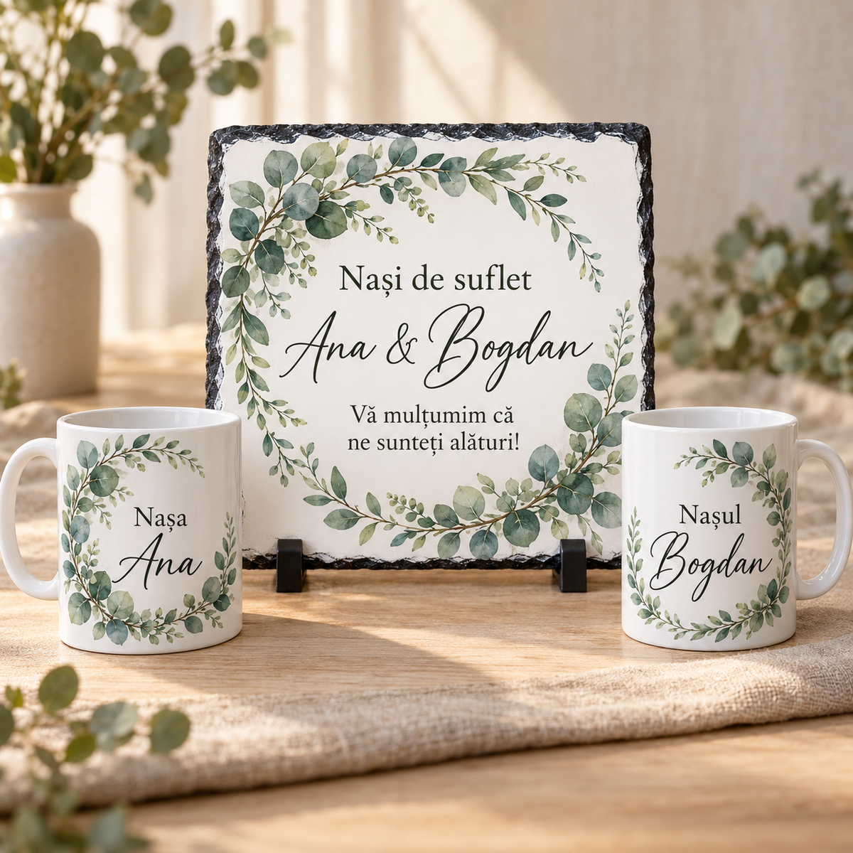 Set cadou personalizat pentru nași – Ardezie 20×20 cm și 2 căni, design cu eucalipt