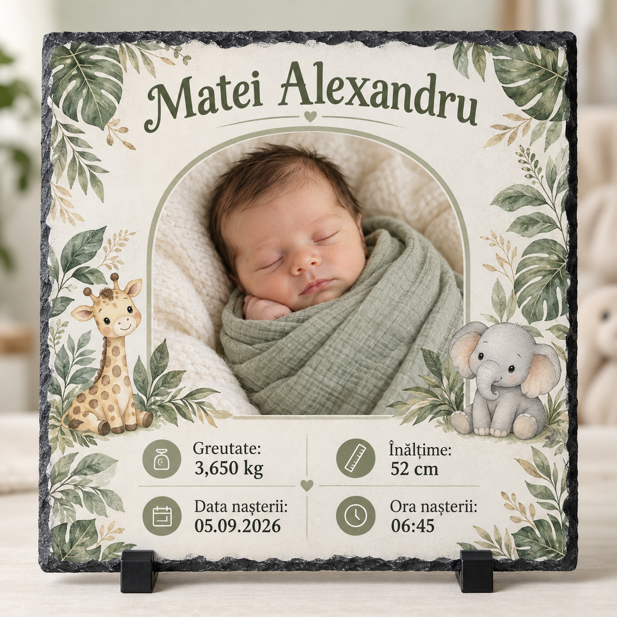Placă ardezie personalizată 20x20 cm pentru nou-născut cu poză, nume și datele nașterii – Cadou pentru bebe