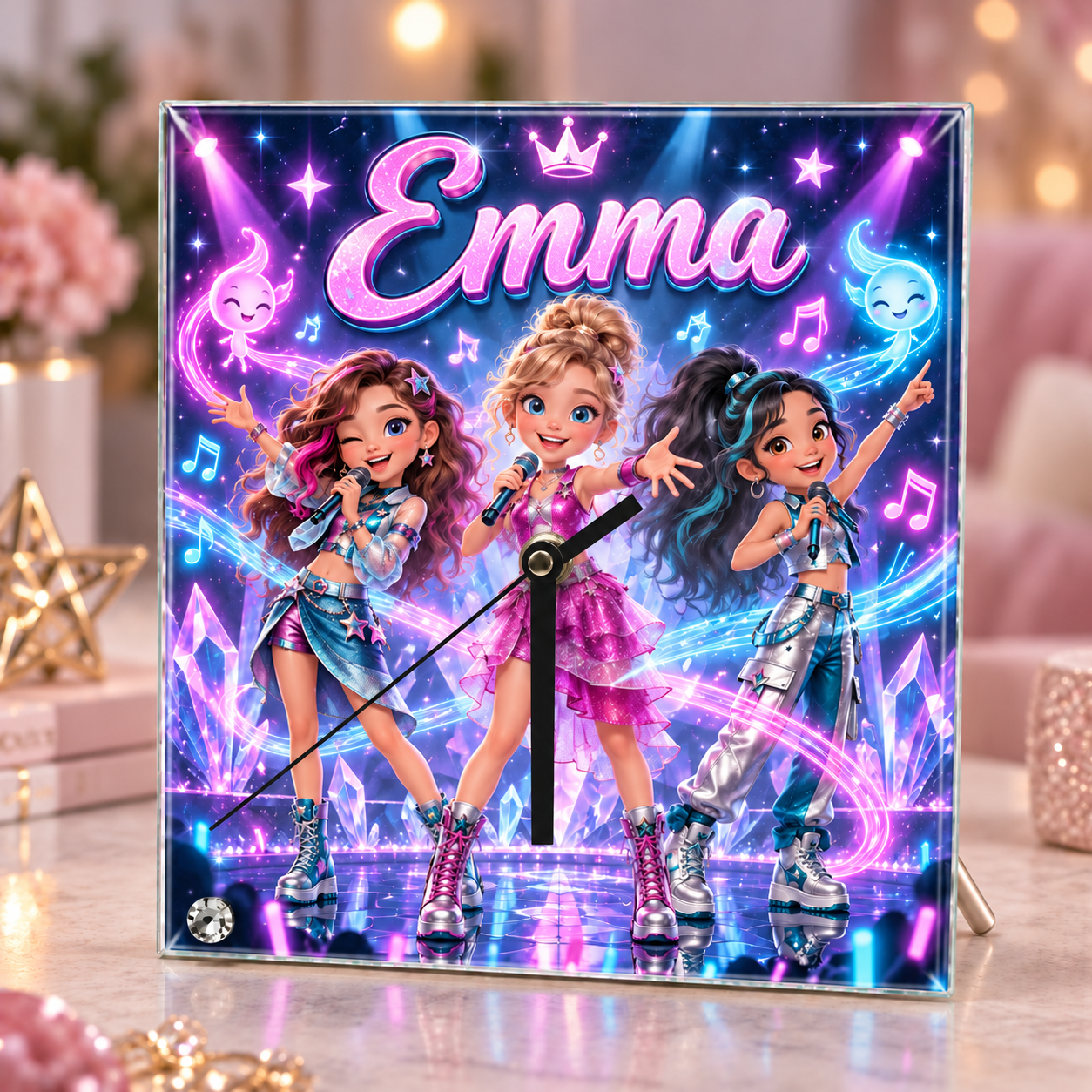 Ceas de birou personalizat pentru fete din sticlă 20×20 cm – Muzică, Dans și Scenă Pop cu Nume