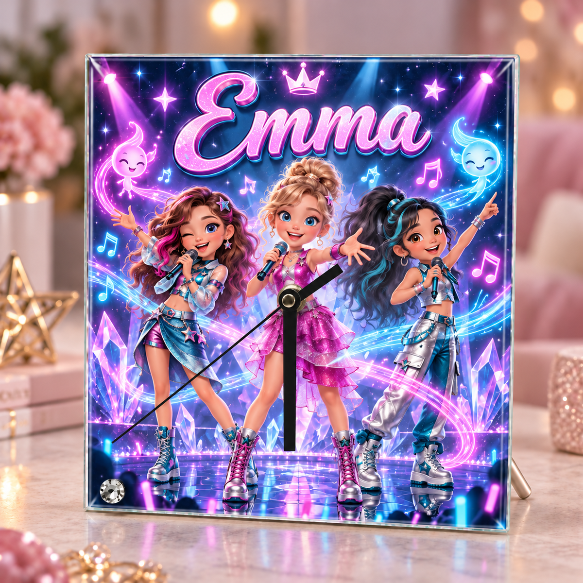 Ceas de birou personalizat pentru fete din sticlă 20×20 cm – Muzică, Dans și Scenă Pop cu Nume