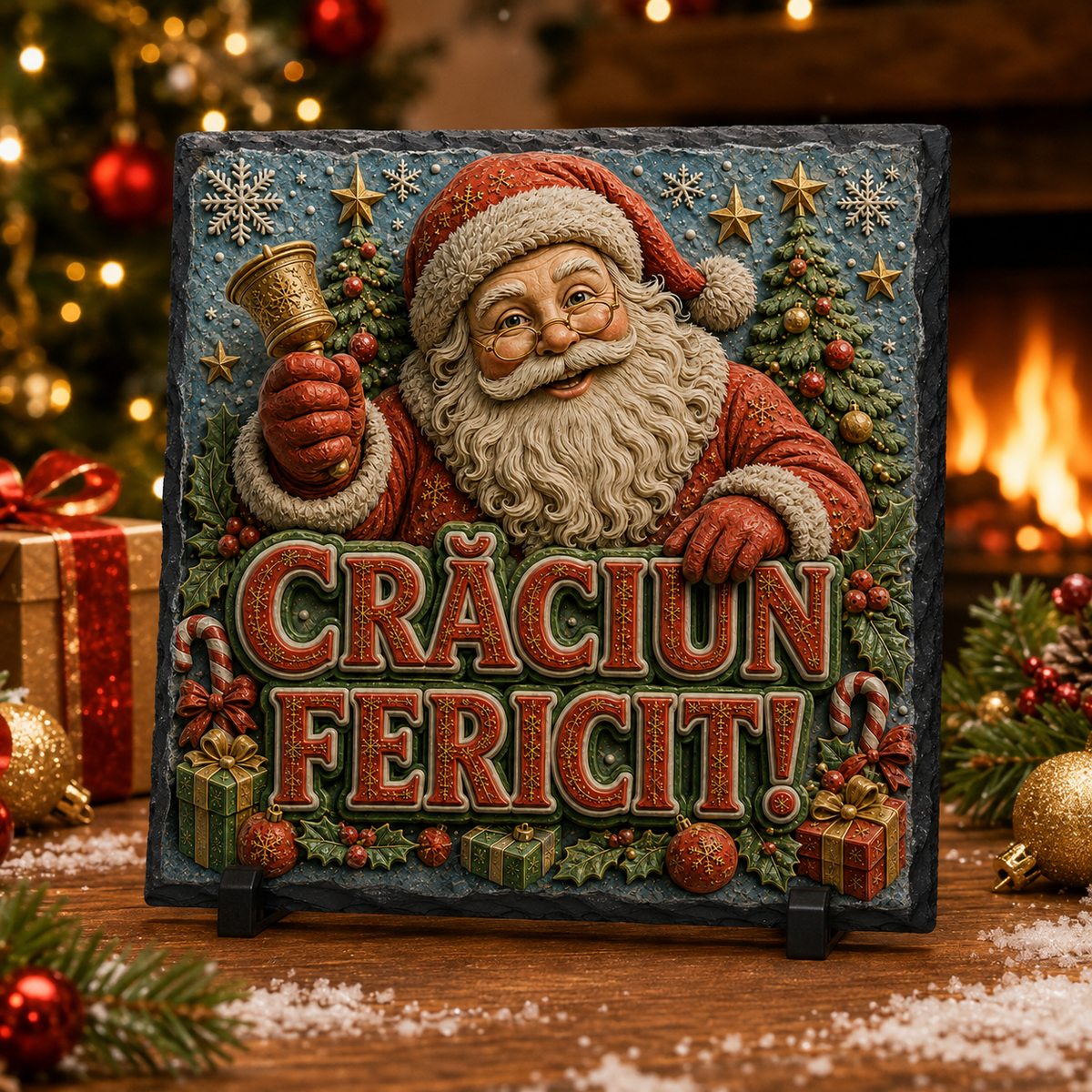 Placă Ardezie 20×20 cm „Crăciun Fericit!” – Cadou și Decorațiune de Crăciun