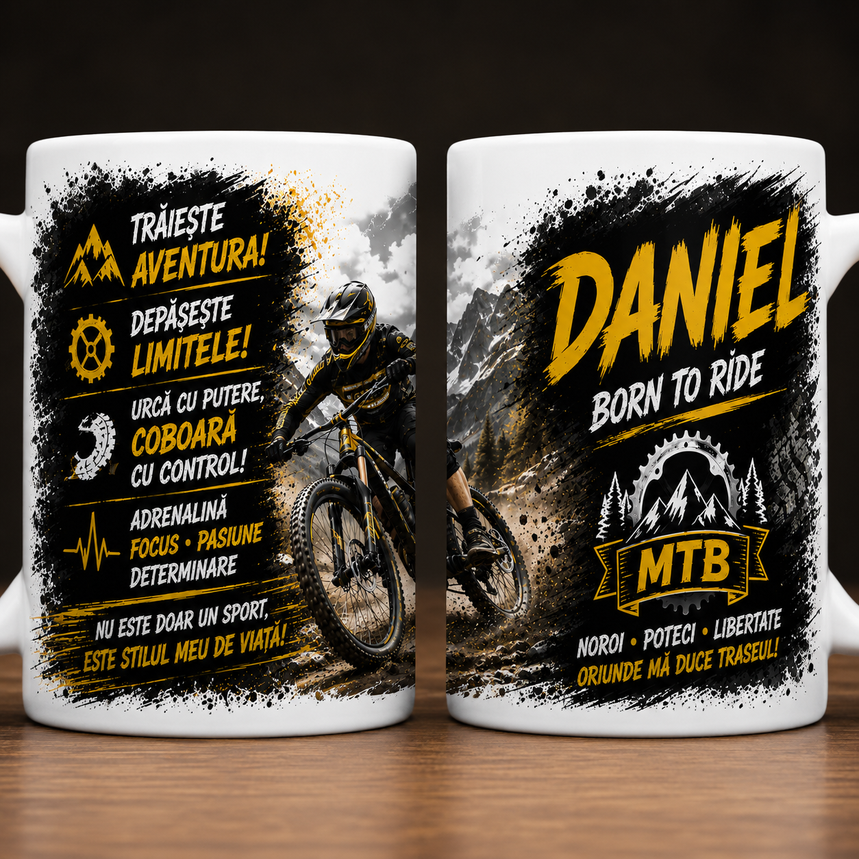 Cană personalizată MTB (Mountain Bike) – Cu nume personalizabil | Cadou pentru pasionații de Mountain Bike | 330 ml