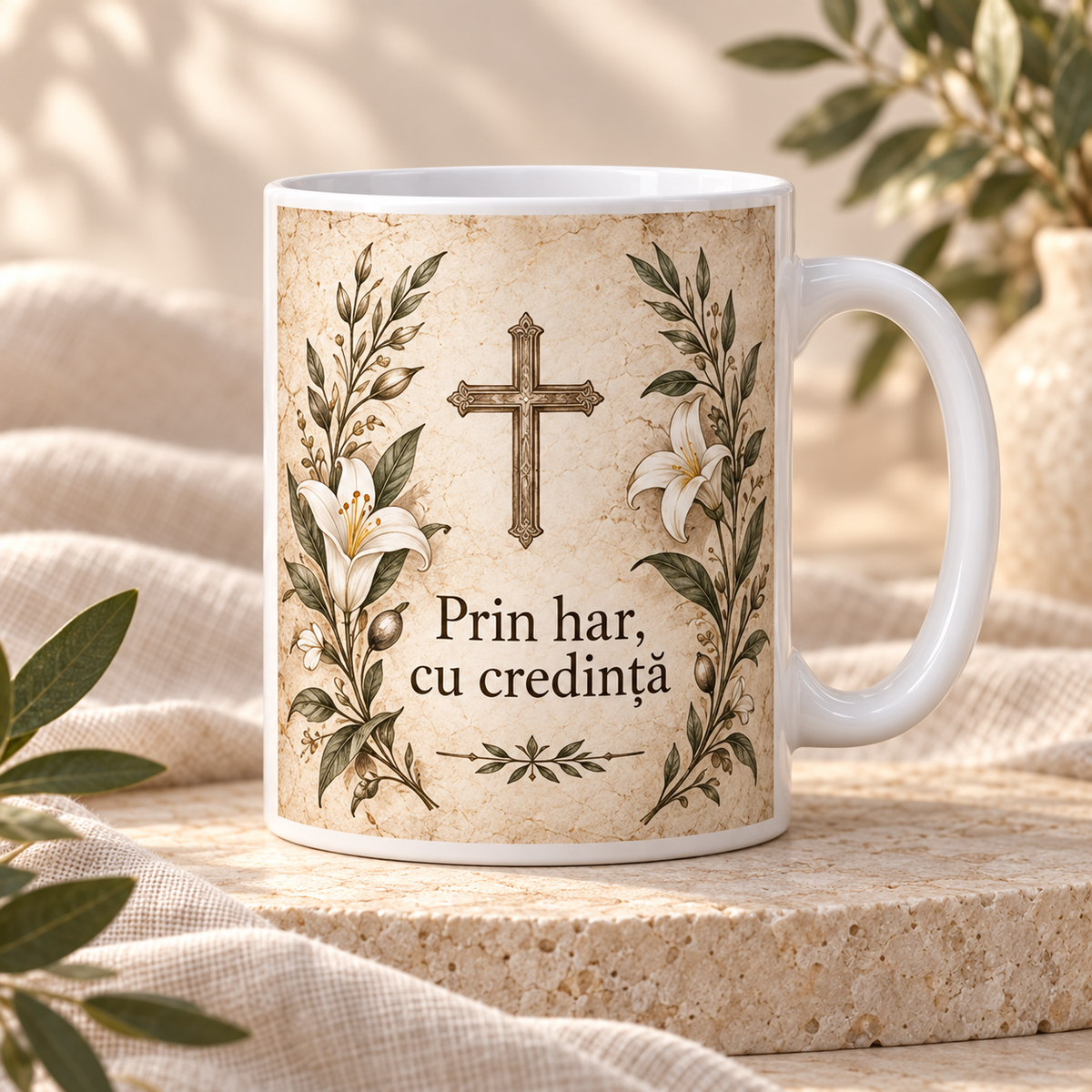 Cană religioasă 330 ml „Prin har, cu credință” – cadou creștin cu cruce