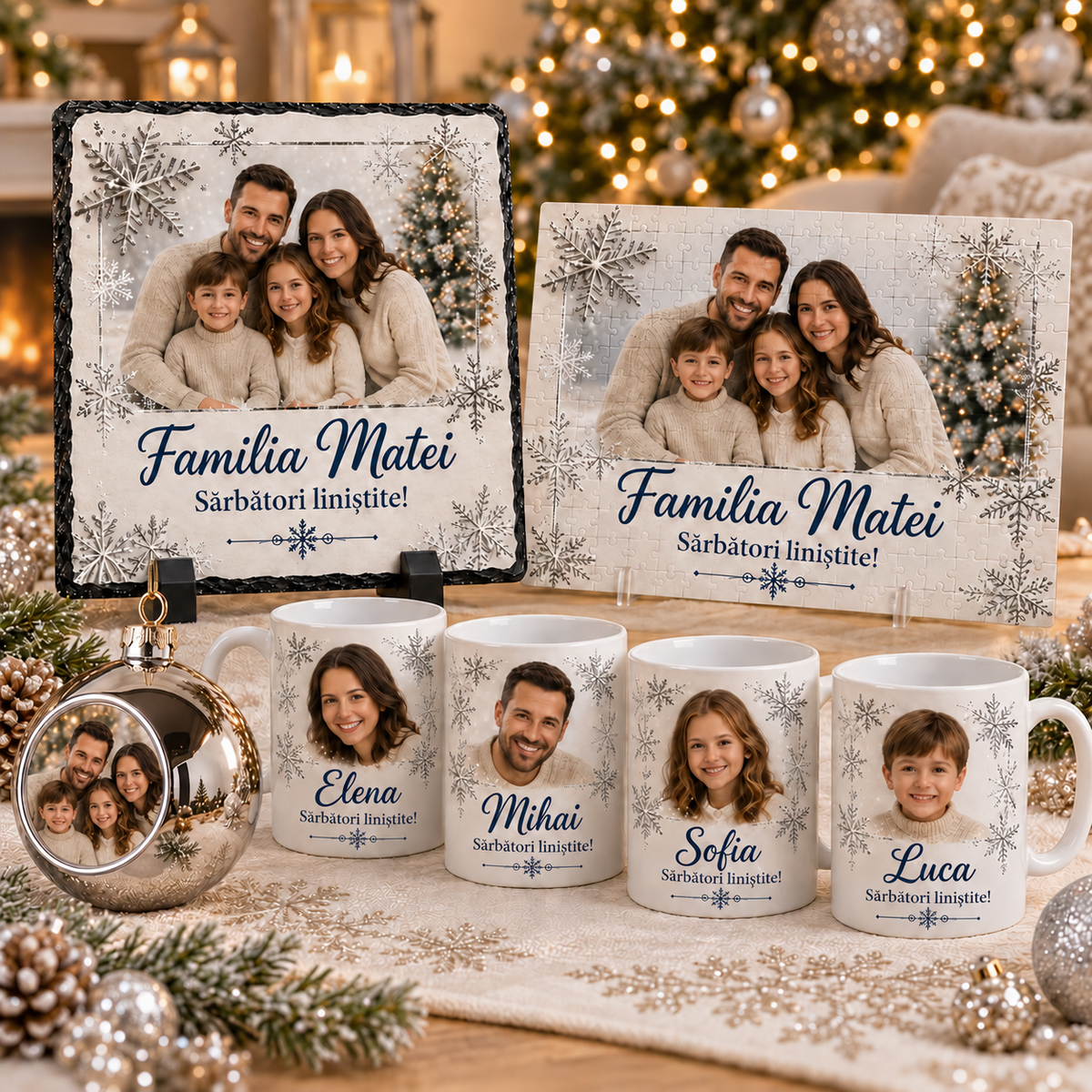 Set cadou personalizat de Crăciun pentru familie – 4 căni, puzzle A4 135 piese, ardezie și glob foto