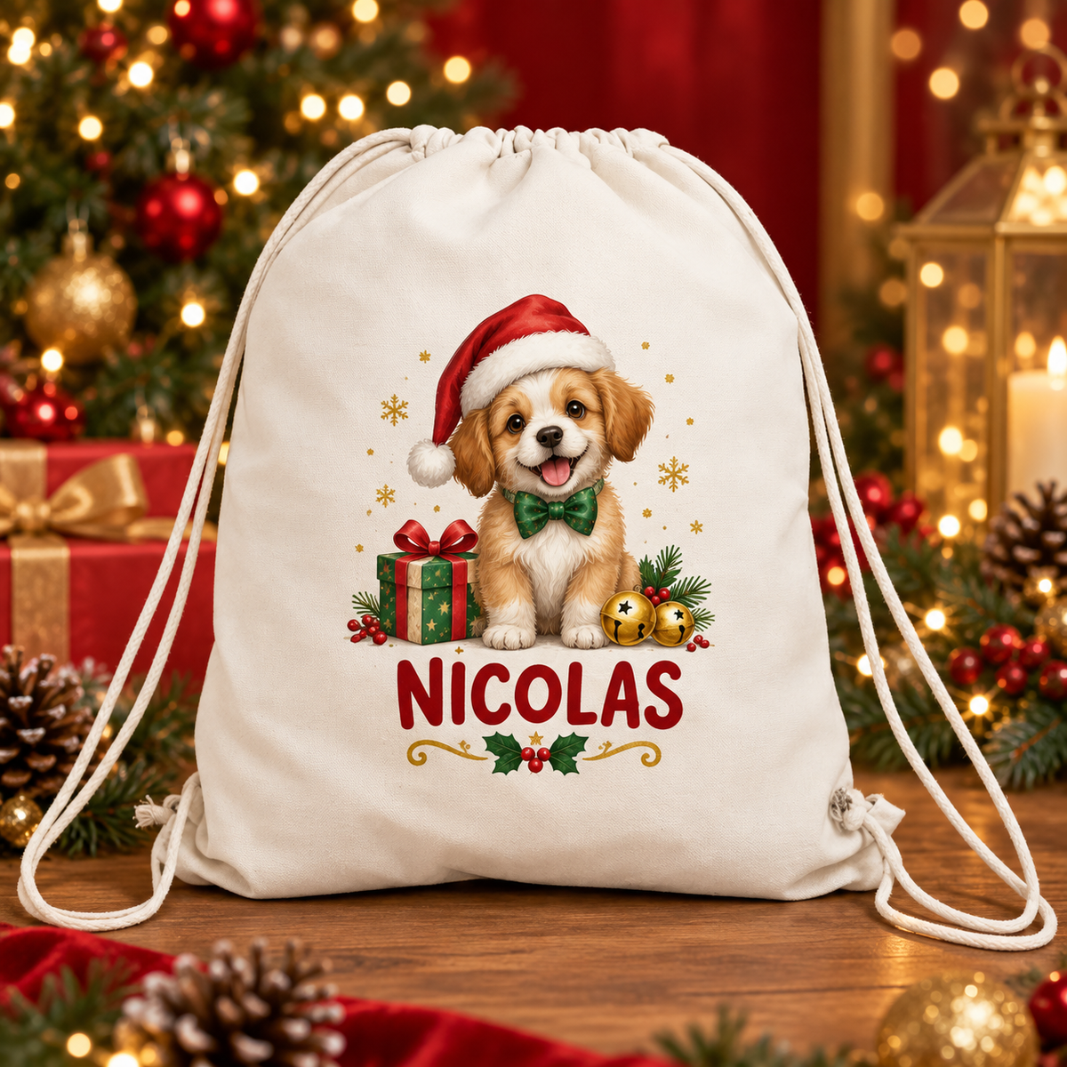 Sac sport personalizat pentru copii – Cățeluș de Crăciun cu nume | Canvas 43 × 34 cm