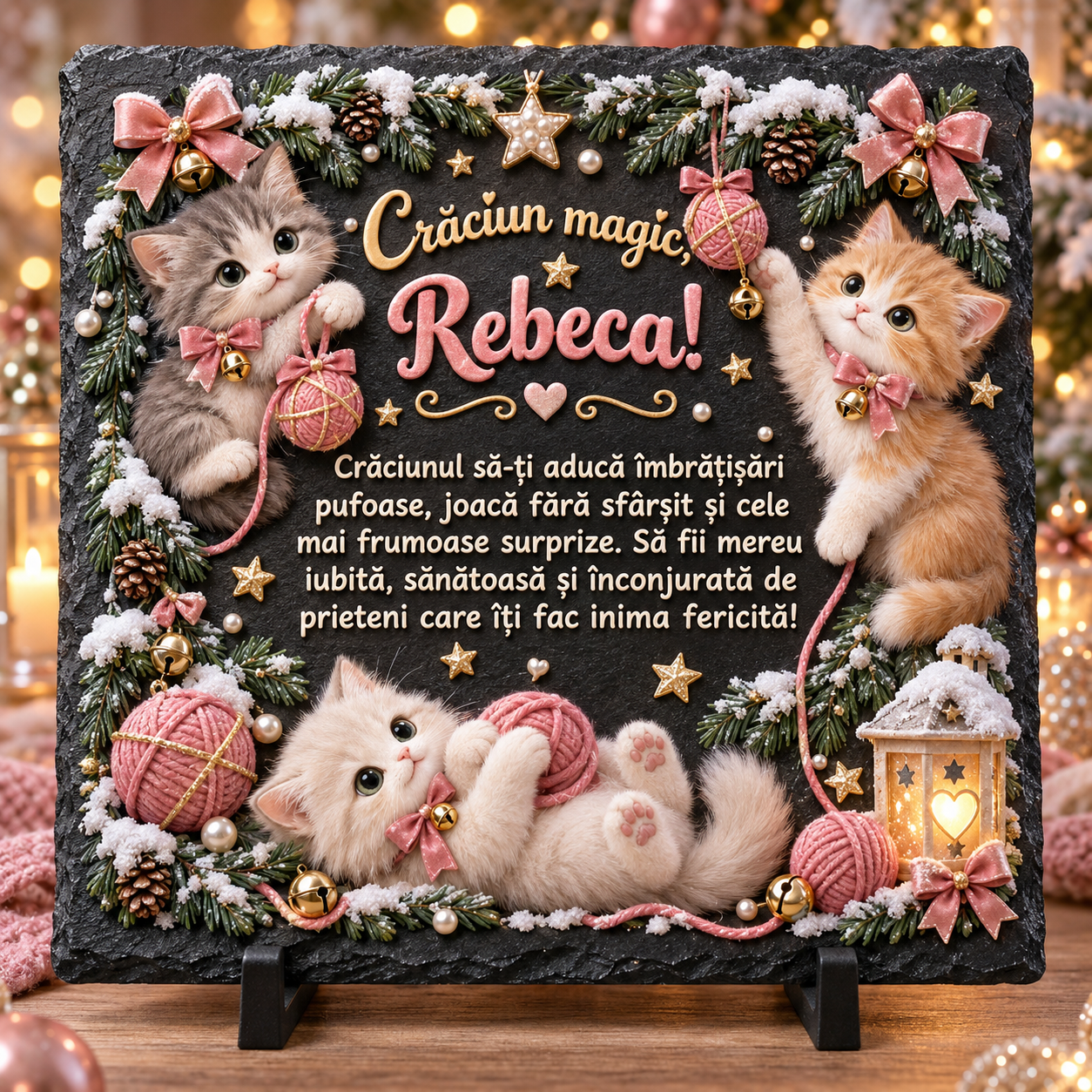 Placă de ardezie personalizată pentru fetițe 20 × 20 cm – „Crăciun magic” cu pisicuțe