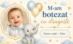 Mărturie de botez băiețel – Magnet de frigider personalizat 9 × 5,5 cm cu elefănțel, baloane și fotografie
