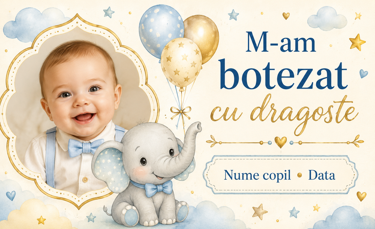 Mărturie de botez băiețel – Magnet de frigider personalizat 9 × 5,5 cm cu elefănțel, baloane și fotografie