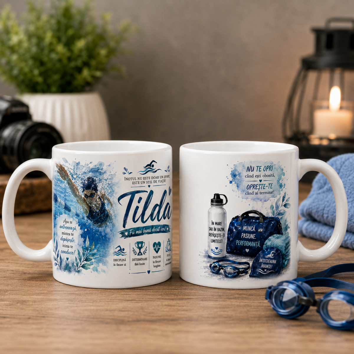 Cană personalizată pentru înotătoare de 330 ml, cu numele Tilda, sportivă în bazin, ochelari și accesorii de înot