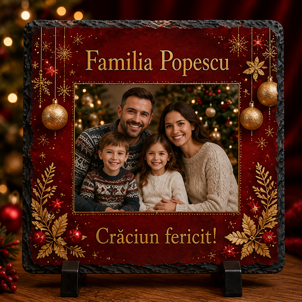 Piatră Ardezie Personalizată de Crăciun pentru Familie 20x20 cm cu Poză și Nume – Design Roșu & Auriu