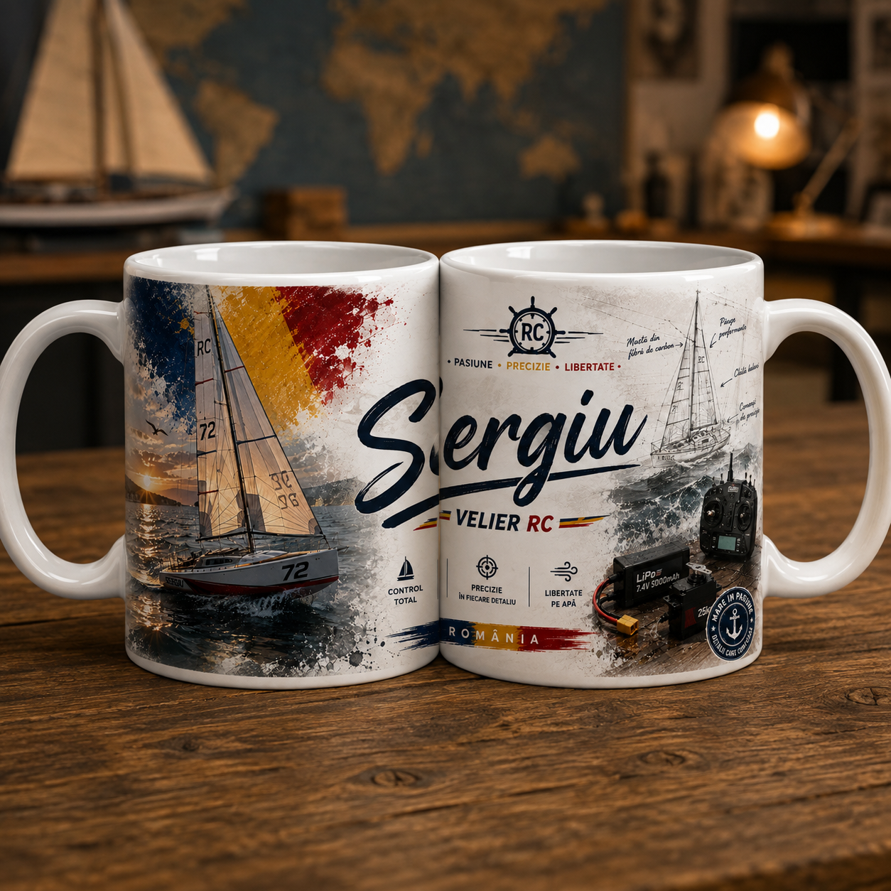Cană personalizată Velier RC cu numele Sergiu, design pentru pasionații de modelism naval
