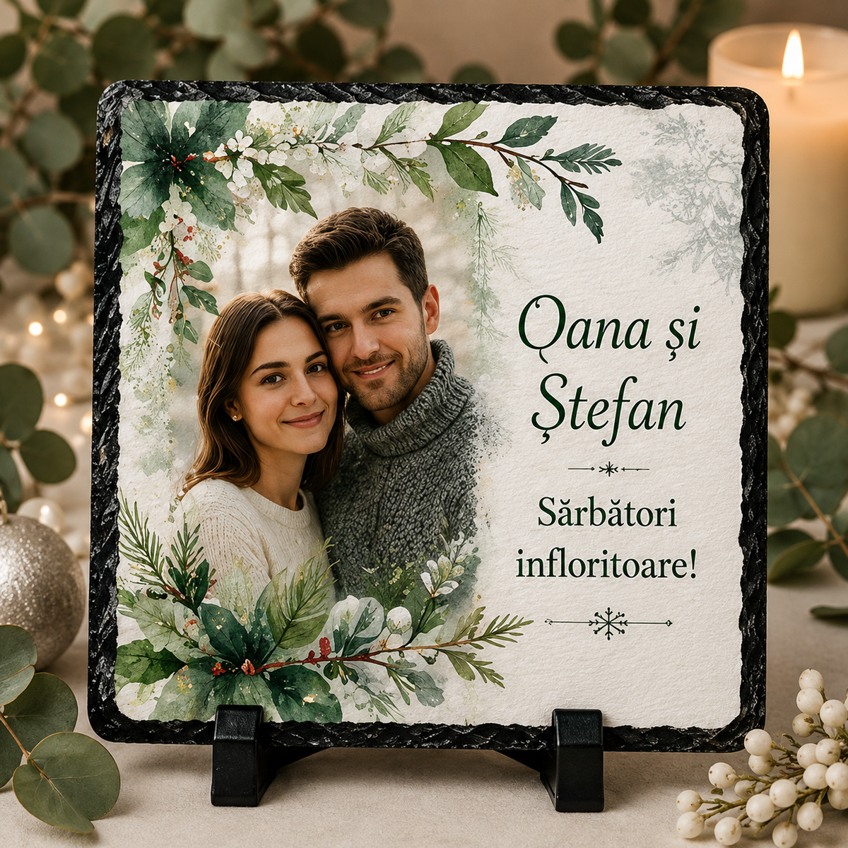 Piatră Ardezie Personalizată de Crăciun pentru Cuplu 20x20 cm cu Poză și Nume – „Sărbători Înfloritoare!”