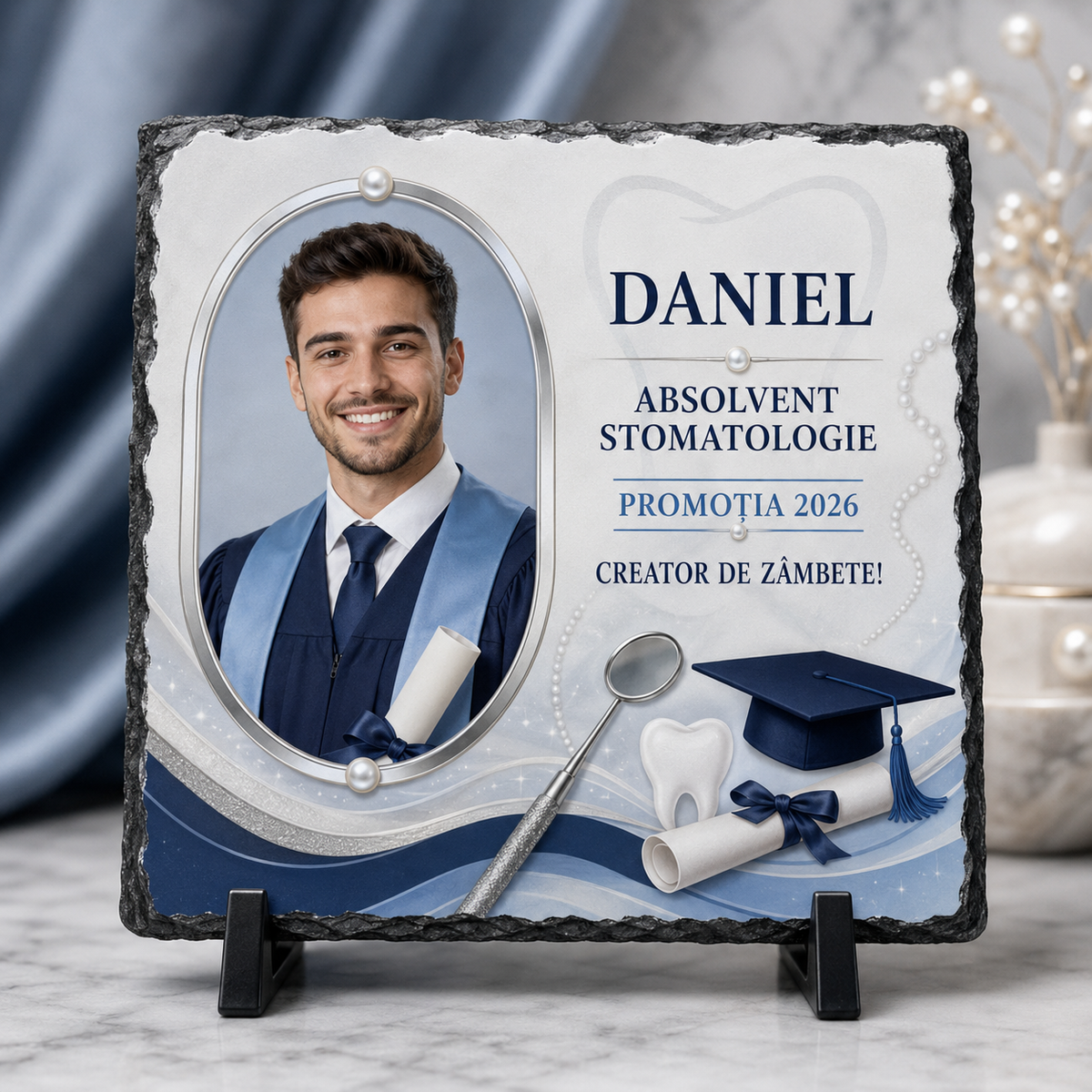 Placă de Ardezie Personalizată Absolvire Stomatologie 20×20 cm cu Poză și Nume – Cadou pentru Medic Dentist