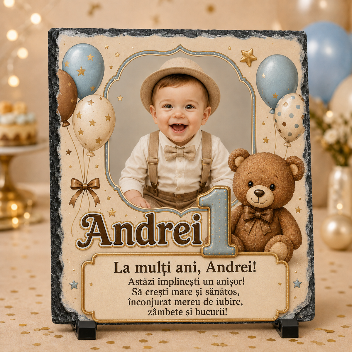 Placă ardezie personalizată 20x20 cm cu poză, nume și ursuleț – Cadou aniversar pentru băiețel de 1 an