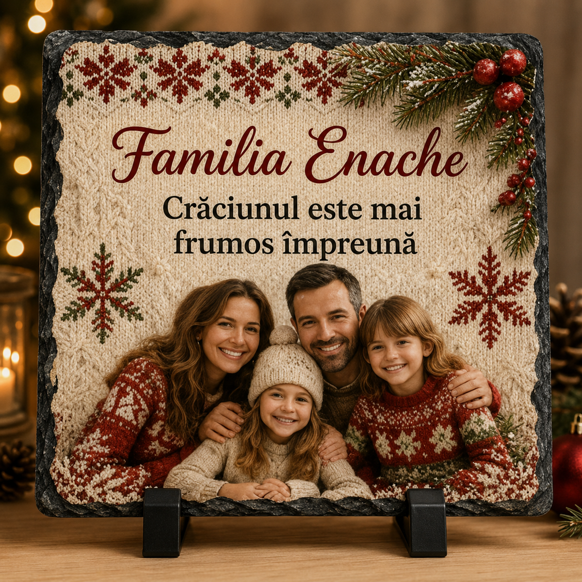 Piatră Ardezie Personalizată de Crăciun pentru Familie 20x20 cm cu Poză – „Crăciunul este mai frumos împreună”
