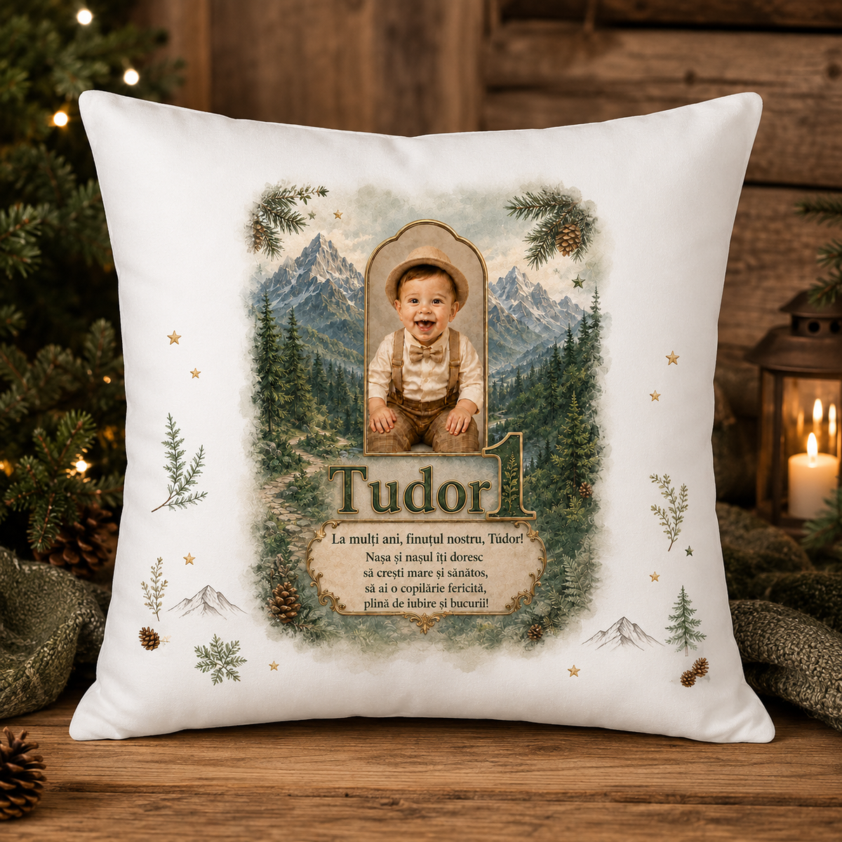 Pernă personalizată 40x40 cm cu fotografie, nume și mesaj – Cadou aniversar pentru copil, finuț sau nepot