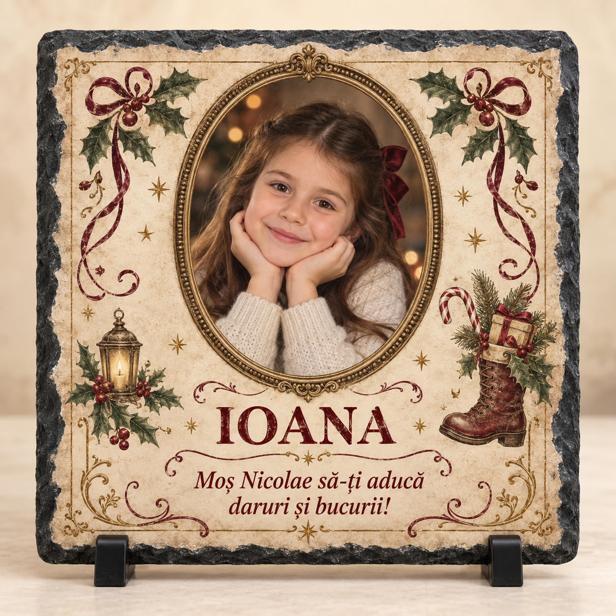 Placă Ardezie Personalizată 20×20 cm pentru Copii – Cadou de Moș Nicolae cu Poză și Nume