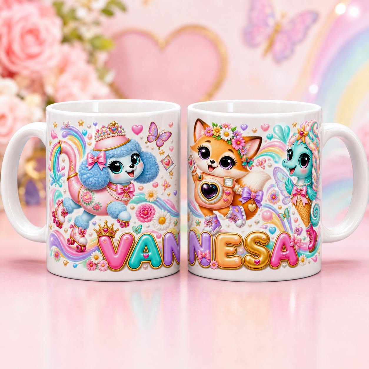 Cană personalizată pentru fetițe cu nume – Animăluțe magice, 330 ml