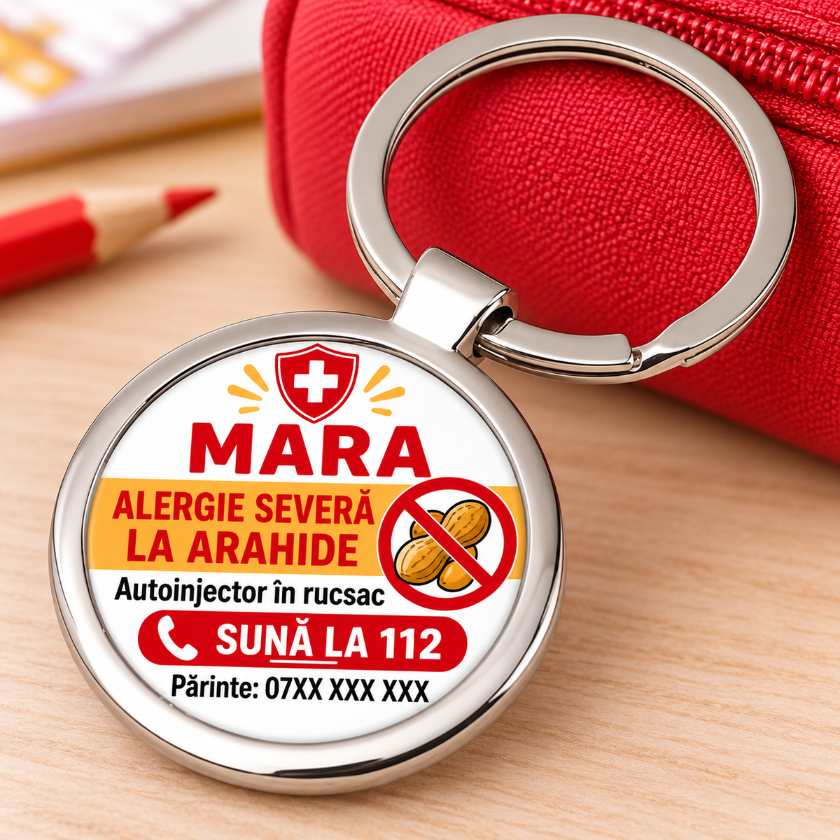 Breloc rotund personalizat pentru copii cu alergie severă la arahide