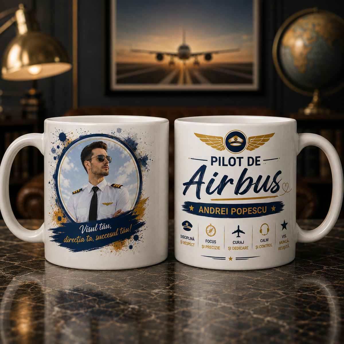 Cană personalizată Pilot de Airbus cu fotografia și numele Andrei Popescu