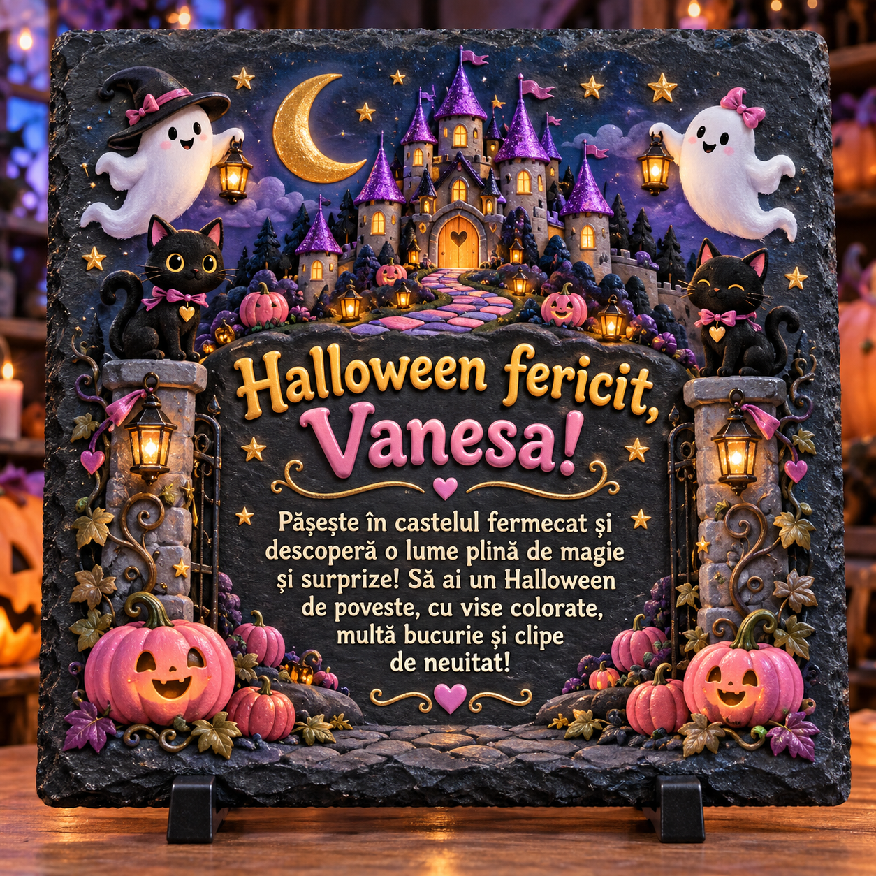 Placă ardezie personalizată Halloween pentru copii 20×20 cm – castel fermecat, fantome, pisicuțe negre și nume personalizat