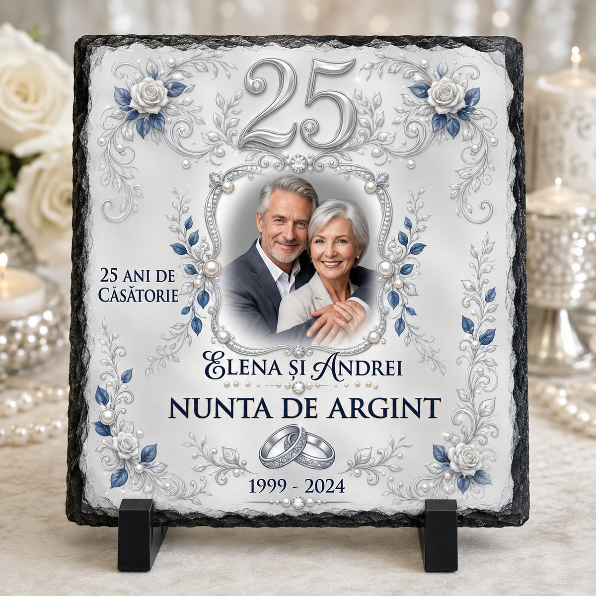 Placă Ardezie Personalizată 20×20 cm – 25 Ani de Căsătorie, Nunta de Argint, cu Poză și Nume