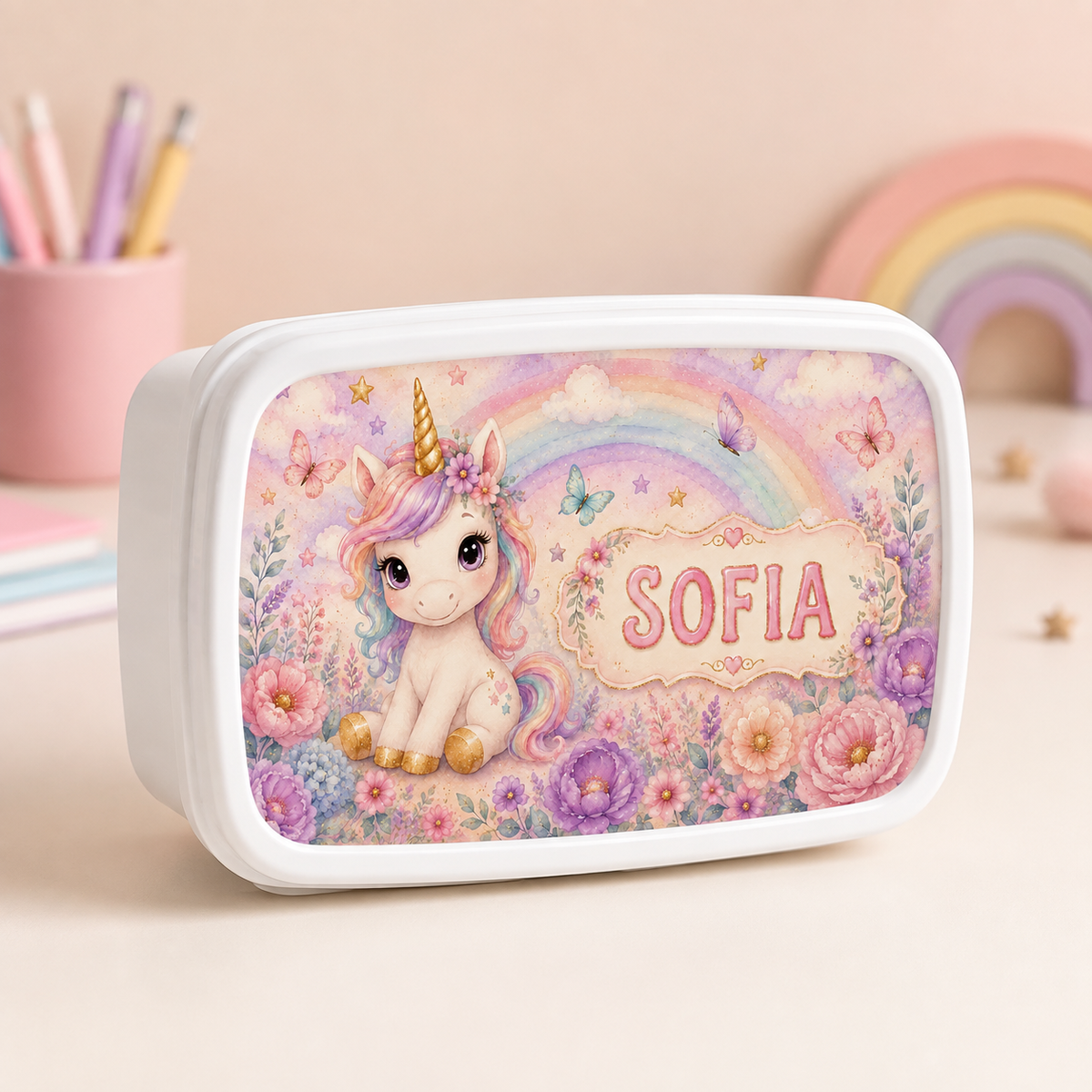 Set personalizat pentru copii cu lunchbox și termos – model unicorn cu nume