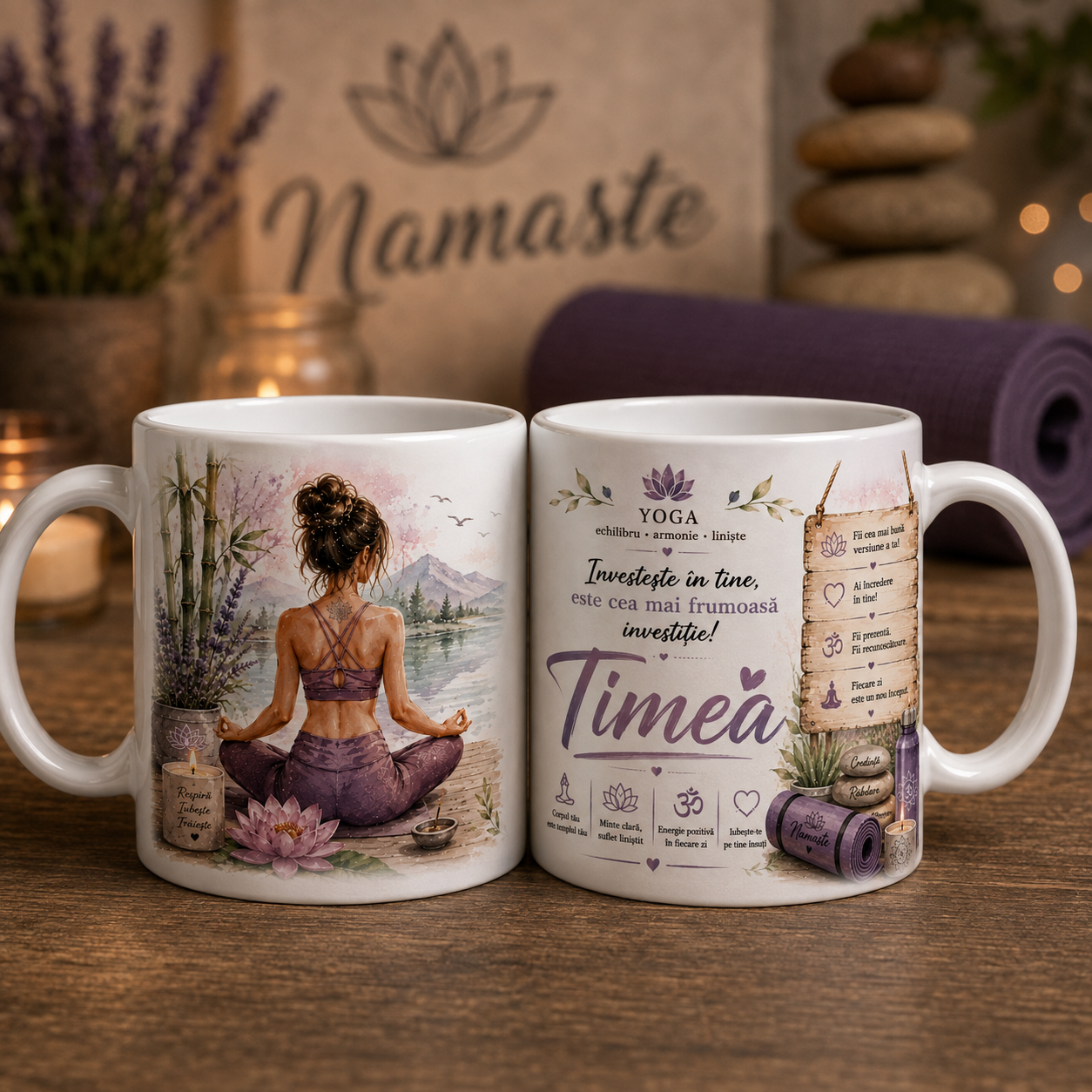 Cană personalizată Yoga cu numele Timea, flori de lotus și mesaje motivaționale, 330 ml
