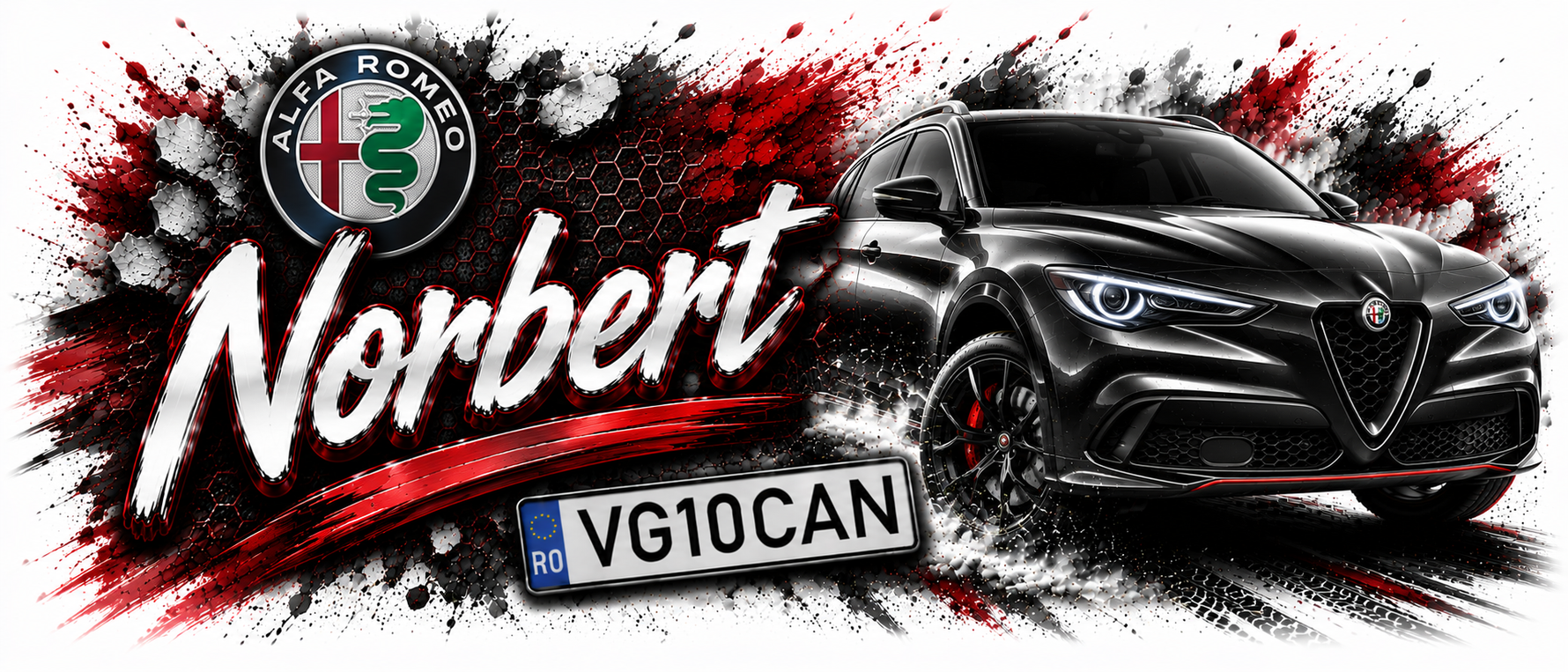 Cană personalizată Alfa Romeo cu nume și număr de înmatriculare – Cadou auto sportiv pentru pasionați